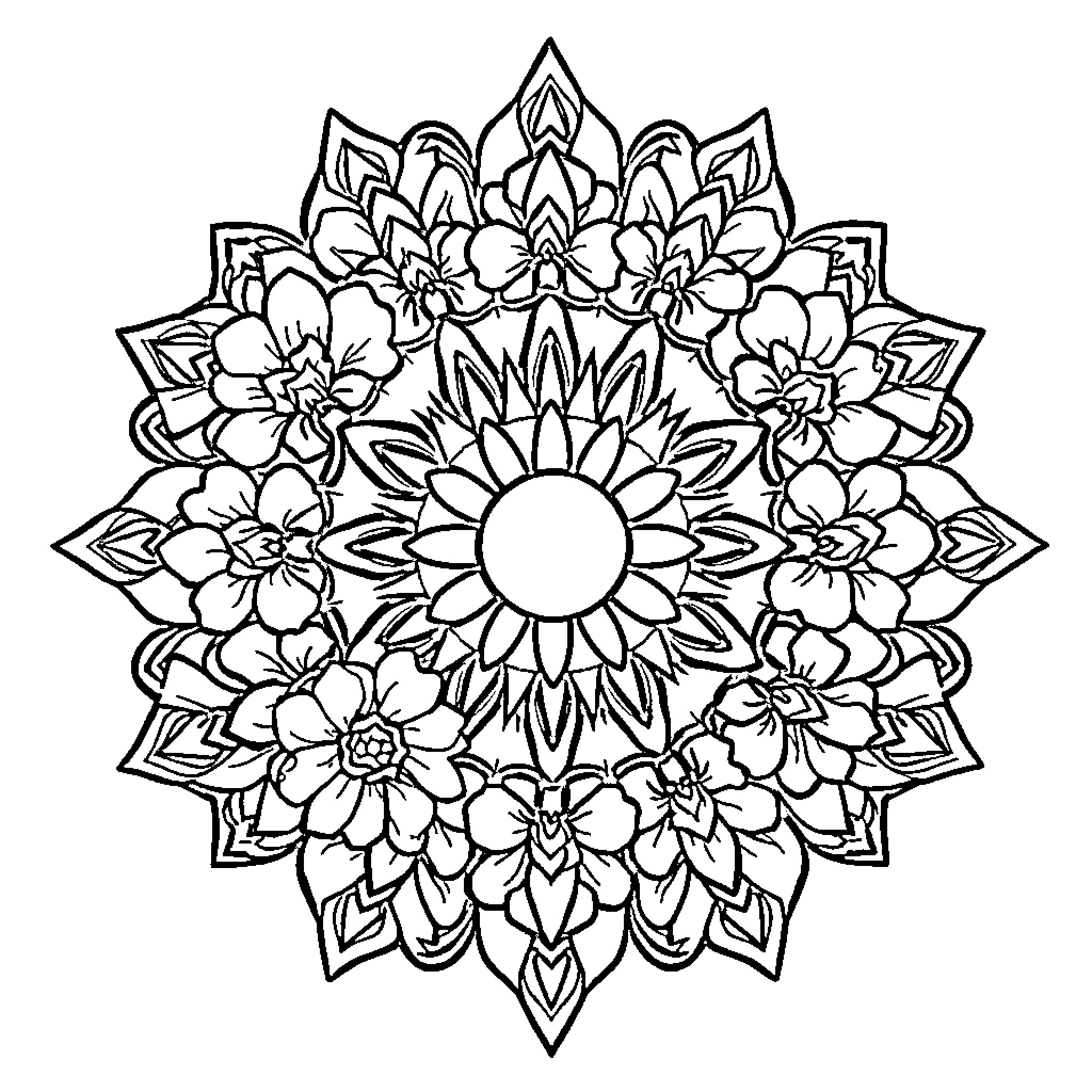 Mandala with intricate floral designs Coloring Page (free black-and-white line drawing printable PDF for all, from beginners to advanced learners, including children, teens, adults, and seniors)