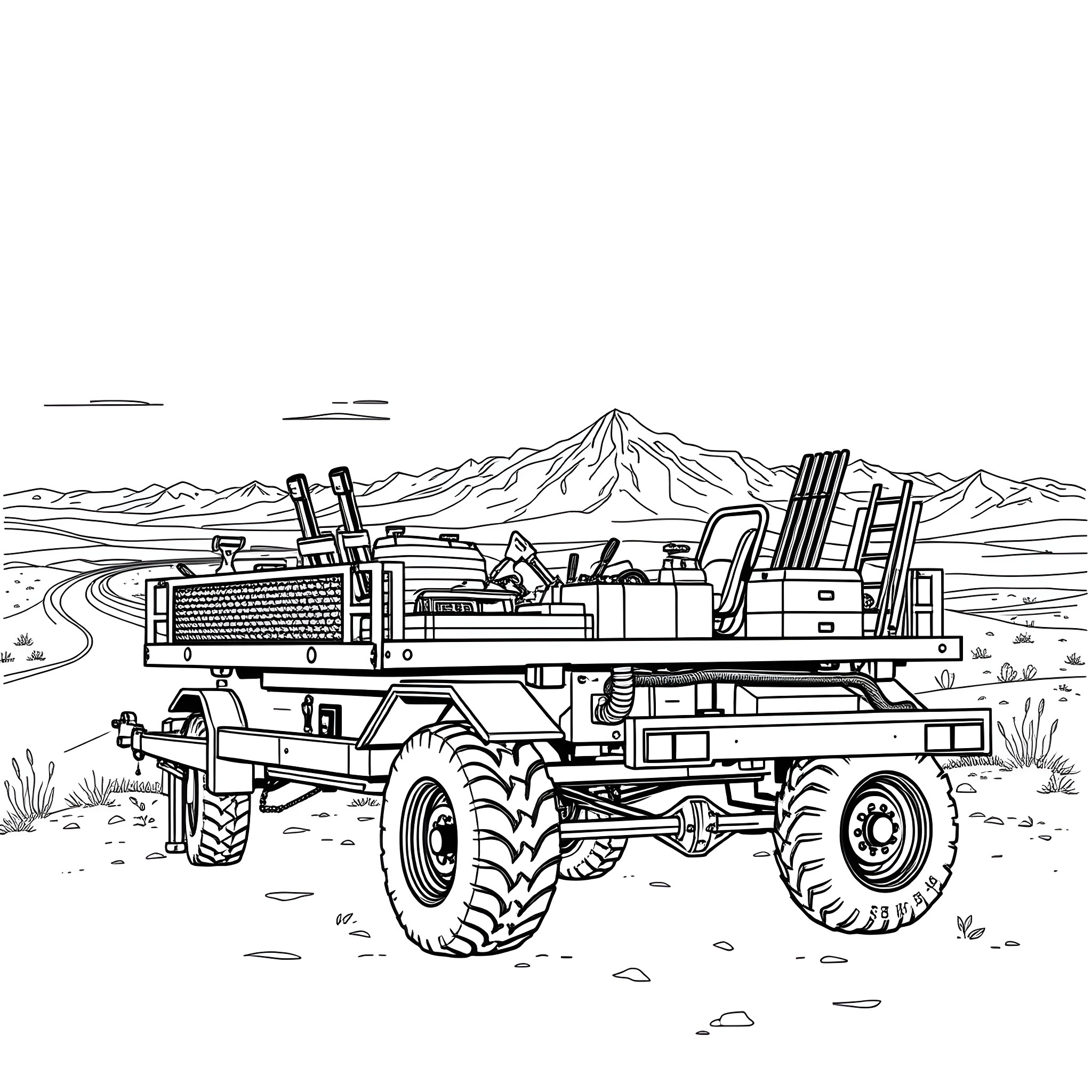 Car Trailer carrying construction equipment in desert landscape Coloring Page (free black-and-white line drawing printable PDF for all, from beginners to advanced learners, including children, teens, adults, and seniors)