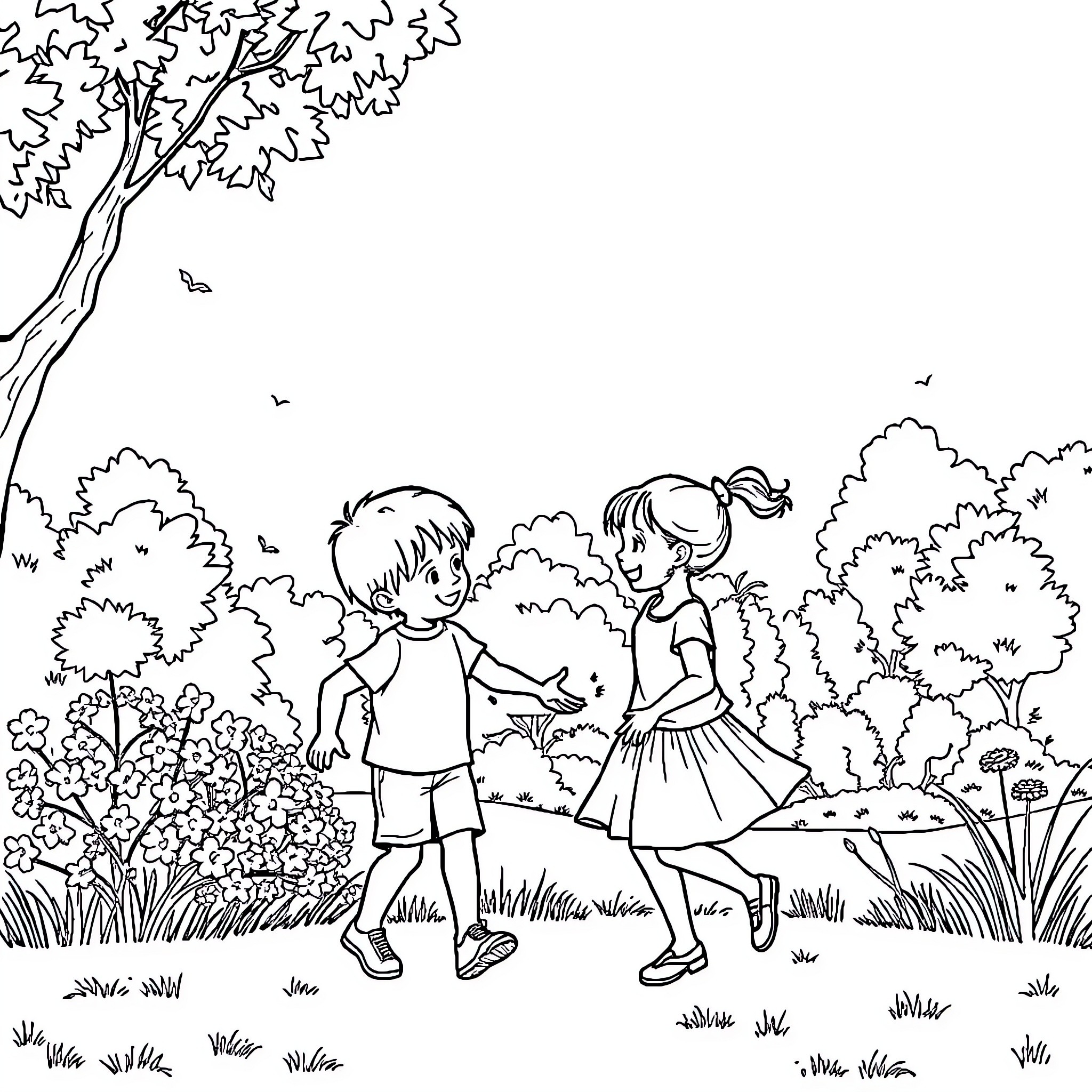 Child playing with friend in nature Coloring Page (free black-and-white line drawing printable PDF for all, from beginners to advanced learners, including children, teens, adults, and seniors)