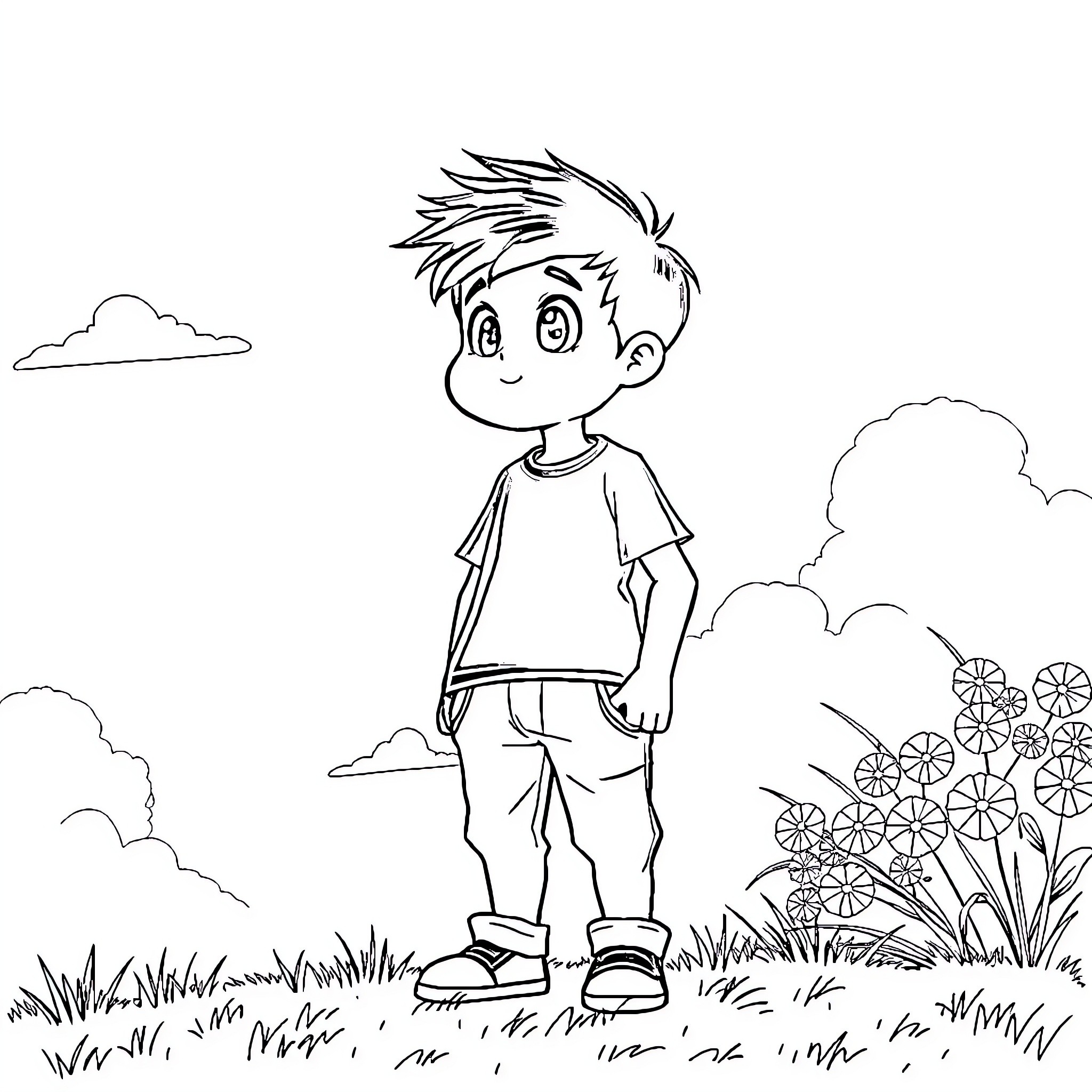 Boy exploring the outdoors with curiosity Coloring Page (free black-and-white line drawing printable PDF for all, from beginners to advanced learners, including children, teens, adults, and seniors)