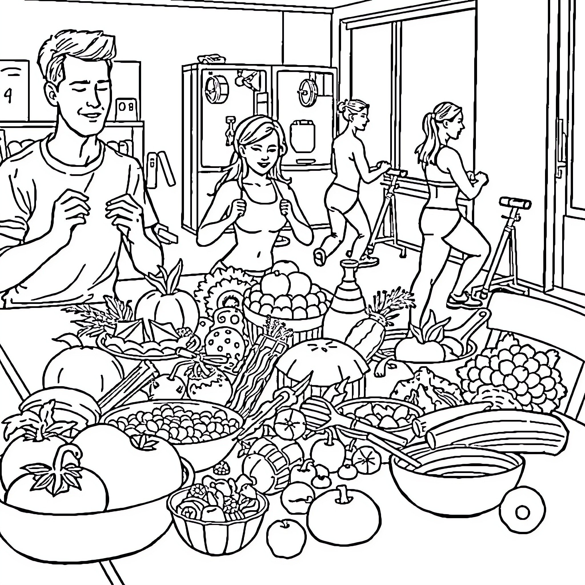 Food Preparation in a Vibrant Kitchen Coloring Page (free black-and-white line drawing printable PDF for all, from beginners to advanced learners, including children, teens, adults, and seniors)