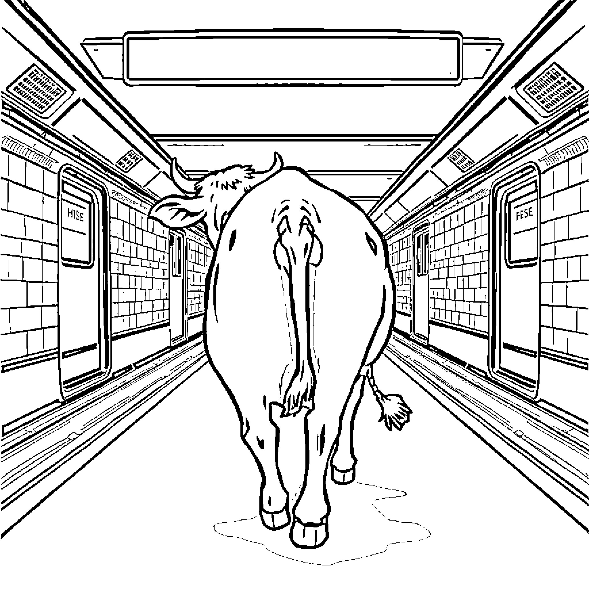 Cow walking through a school hallway Coloring Page (free black-and-white line drawing printable PDF for all, from beginners to advanced learners, including children, teens, adults, and seniors)