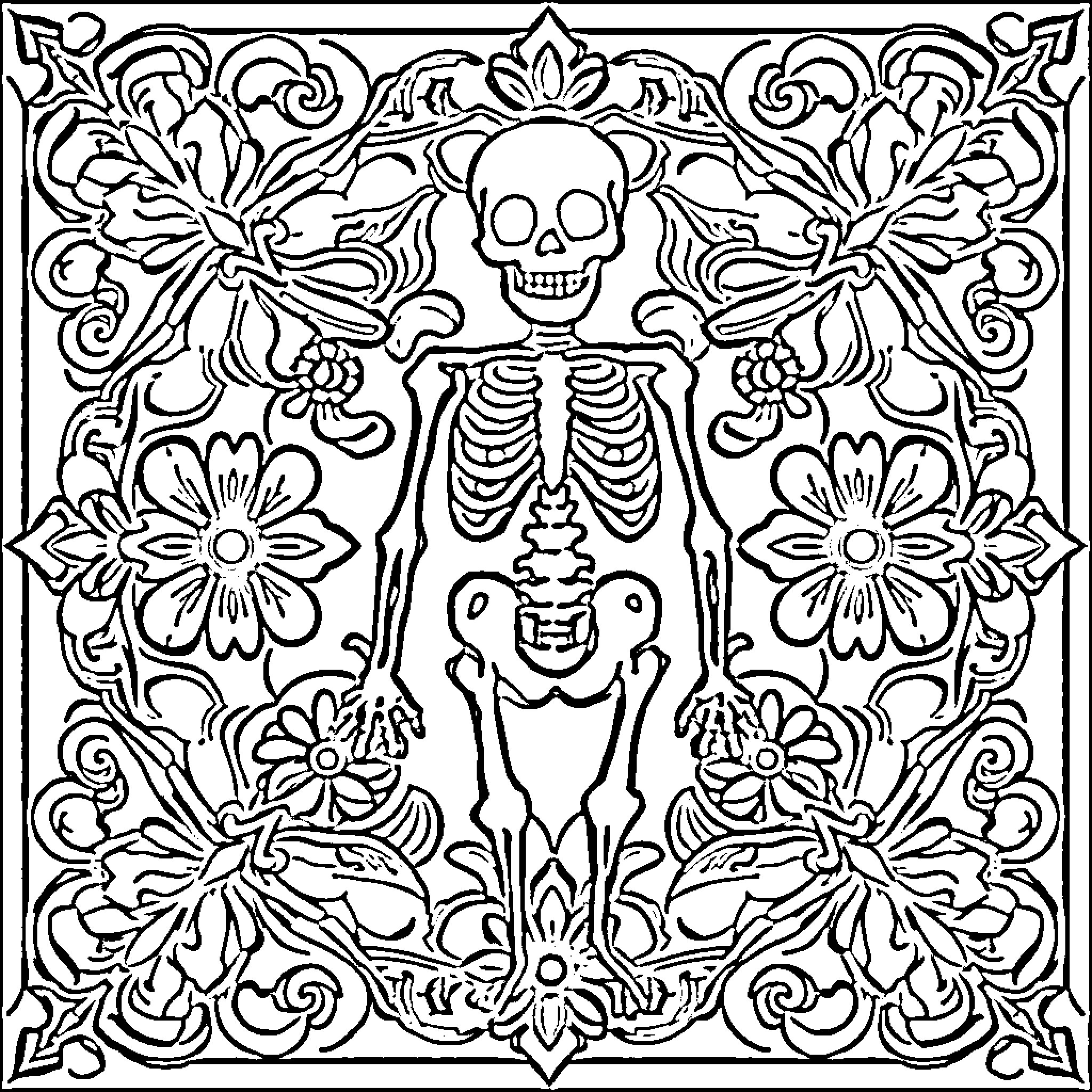 Skeleton dancing amidst floral patterns Coloring Page (free black-and-white line drawing printable PDF for all, from beginners to advanced learners, including children, teens, adults, and seniors)