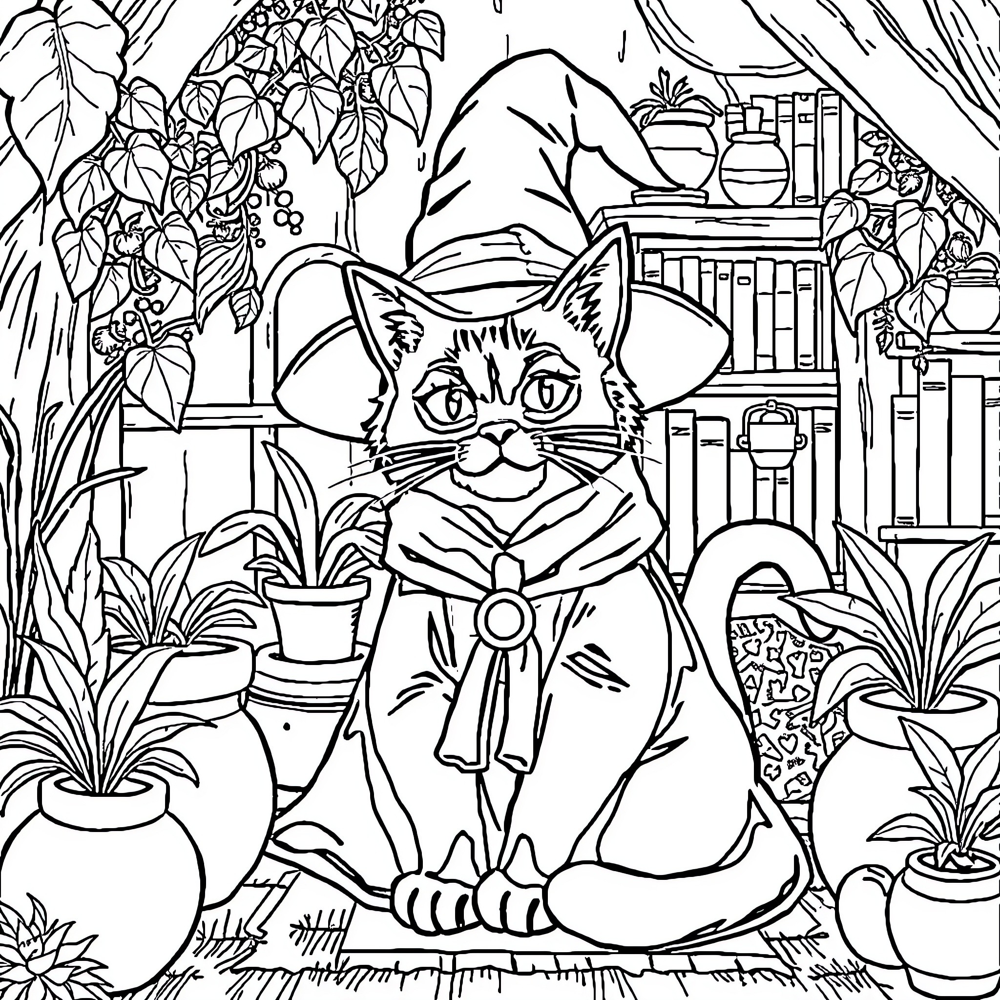 Cat in Cozy Cottage Garden Coloring Page (free black-and-white line drawing printable PDF for all, from beginners to advanced learners, including children, teens, adults, and seniors)