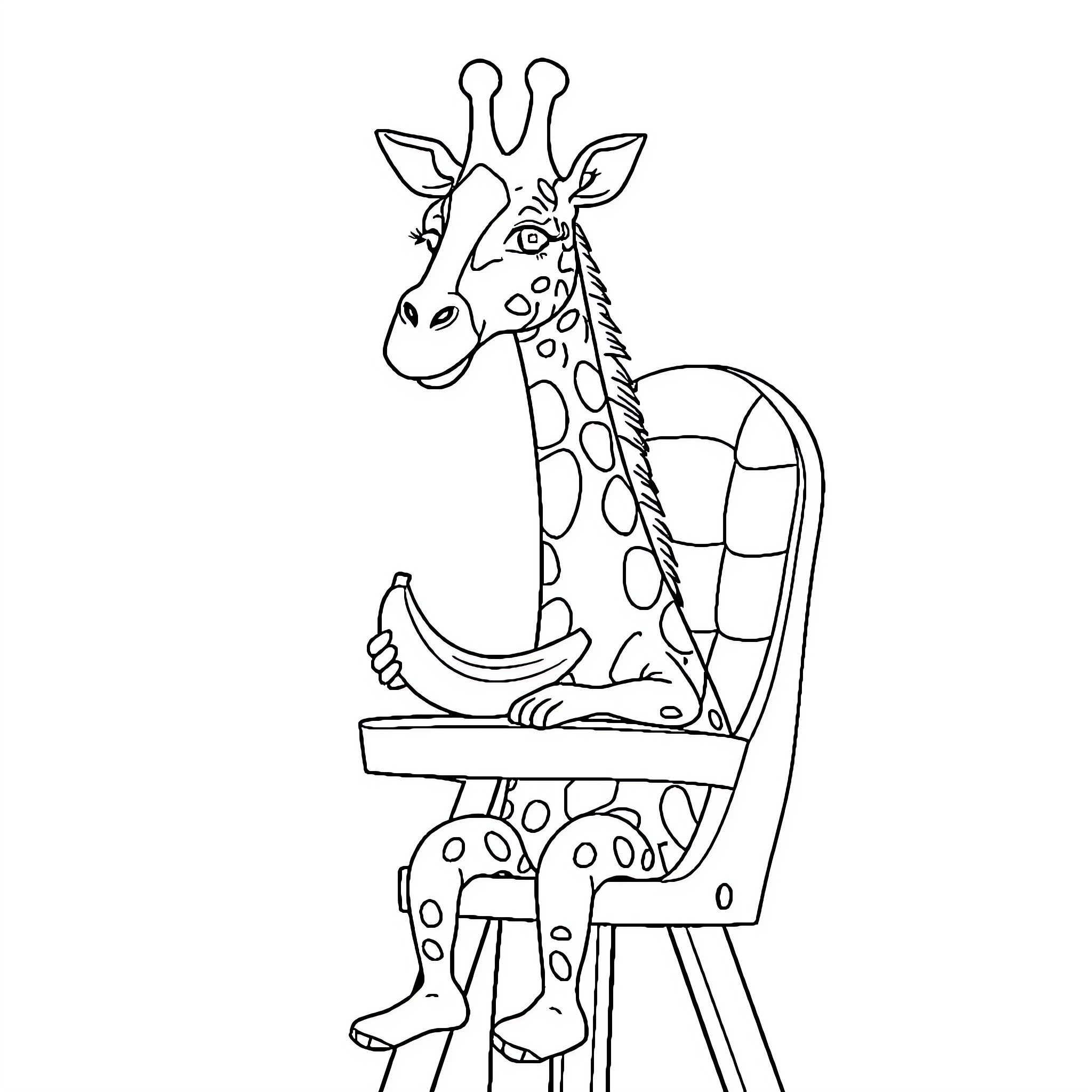 Giraffe enjoying a banana while sitting on a chair Coloring Page (free black-and-white line drawing printable PDF for all, from beginners to advanced learners, including children, teens, adults, and seniors)