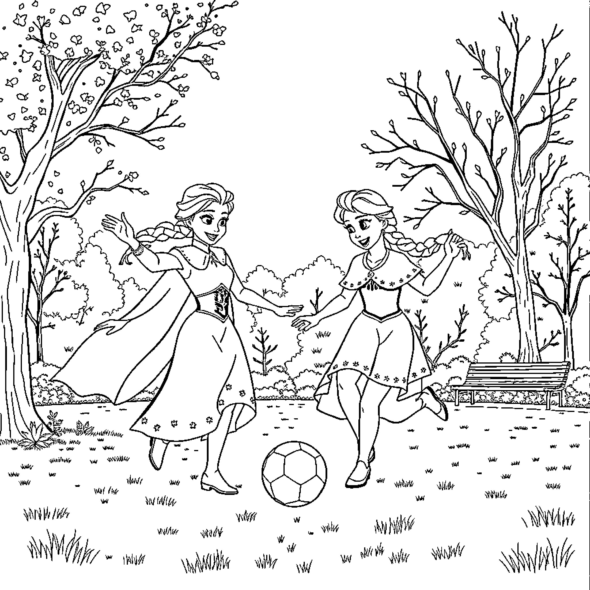 Elsa and Anna Playing in the Park Coloring Page (free black-and-white line drawing printable PDF for all, from beginners to advanced learners, including children, teens, adults, and seniors)