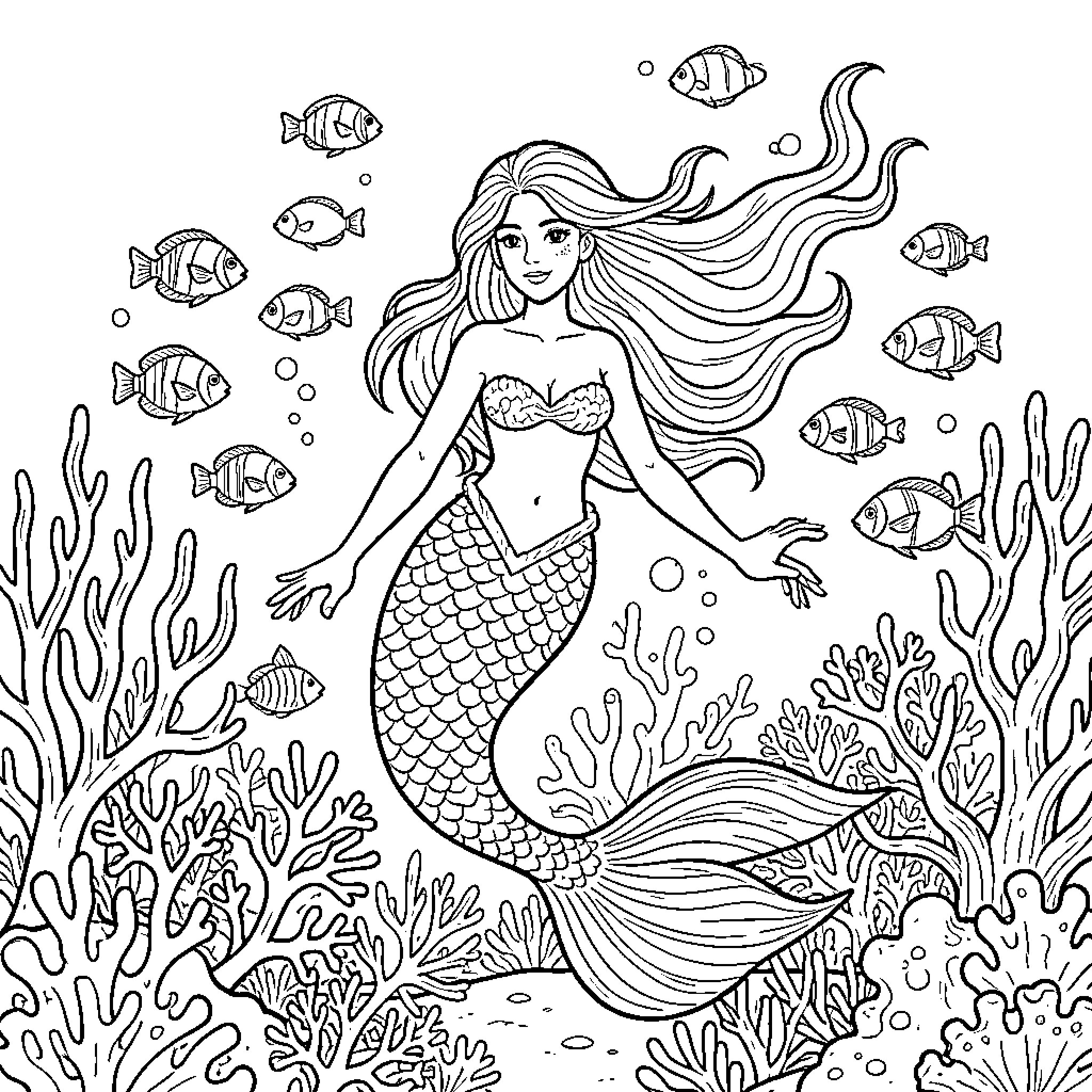 Mermaid swimming gracefully among colorful sea creatures Coloring Page (free black-and-white line drawing printable PDF for all, from beginners to advanced learners, including children, teens, adults, and seniors)