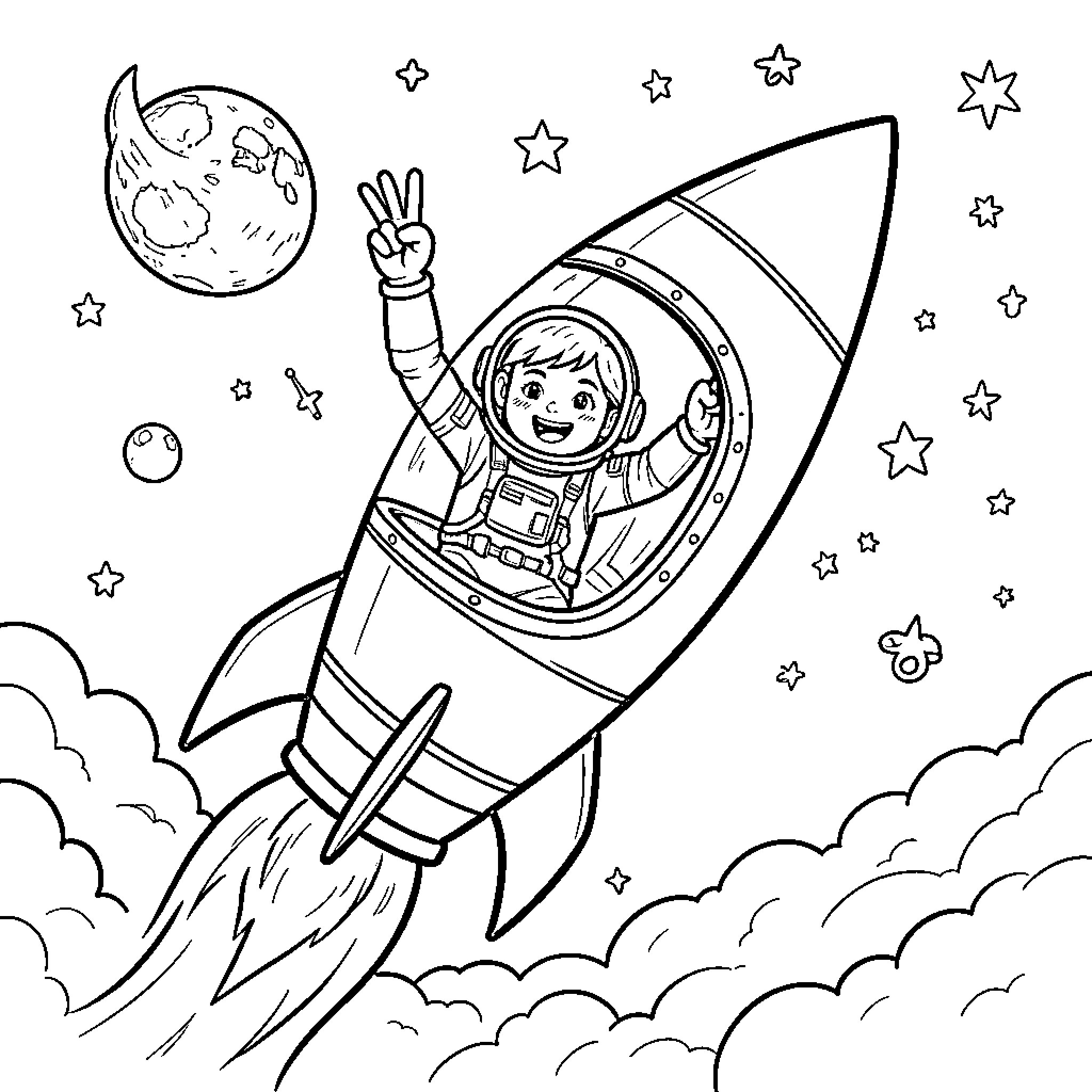Trump's Space Adventure with a Young Astronaut Coloring Page (free black-and-white line drawing printable PDF for all, from beginners to advanced learners, including children, teens, adults, and seniors)