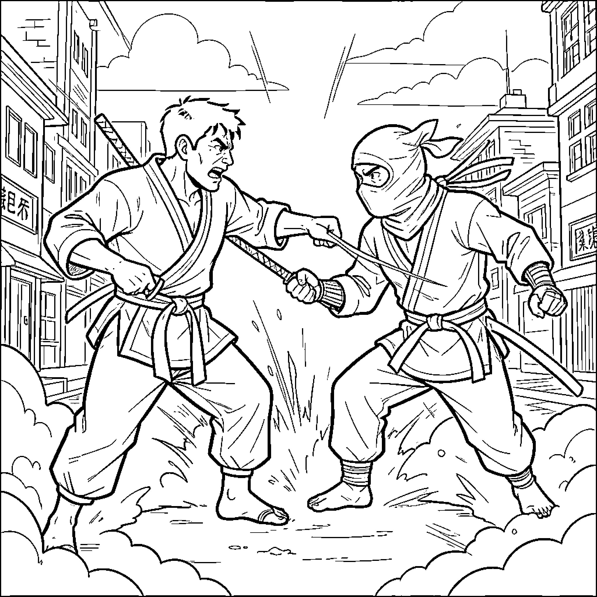 Randy's Martial Arts Showdown in the City Coloring Page (free black-and-white line drawing printable PDF for all, from beginners to advanced learners, including children, teens, adults, and seniors)