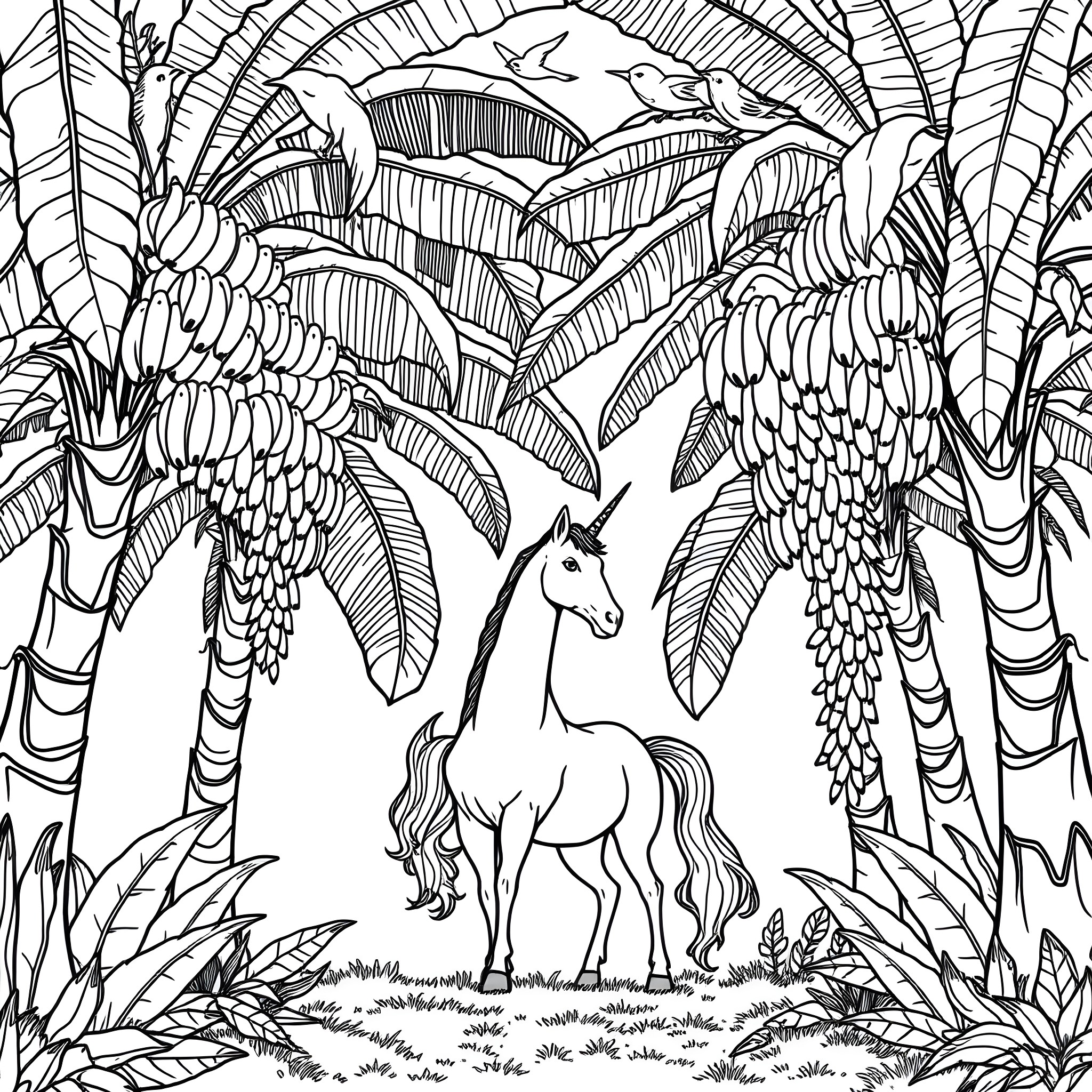 Unicorn standing among lush tropical foliage Coloring Page (free black-and-white line drawing printable PDF for all, from beginners to advanced learners, including children, teens, adults, and seniors)