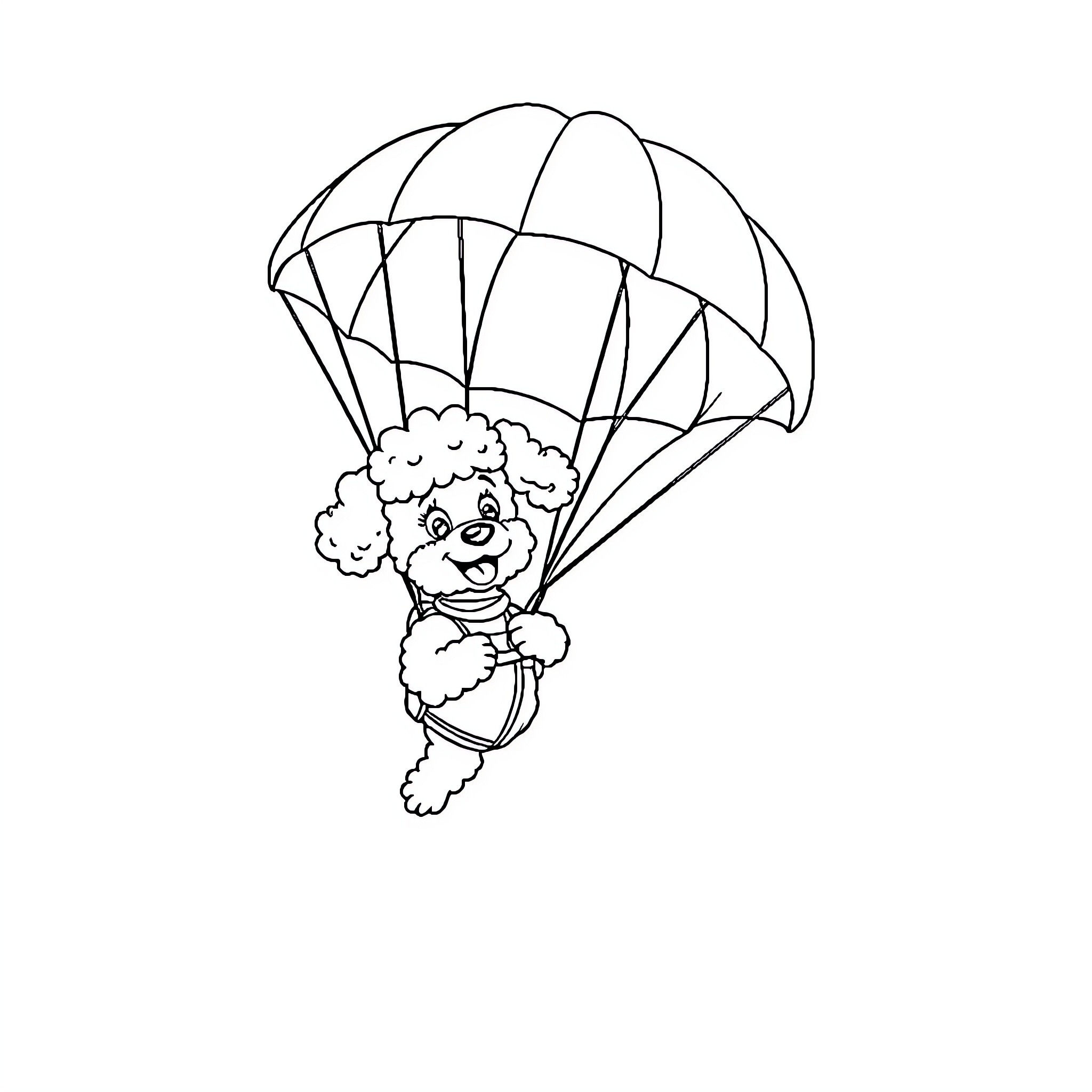 Poodle skydiving with parachute Coloring Page (free black-and-white line drawing printable PDF for all, from beginners to advanced learners, including children, teens, adults, and seniors)