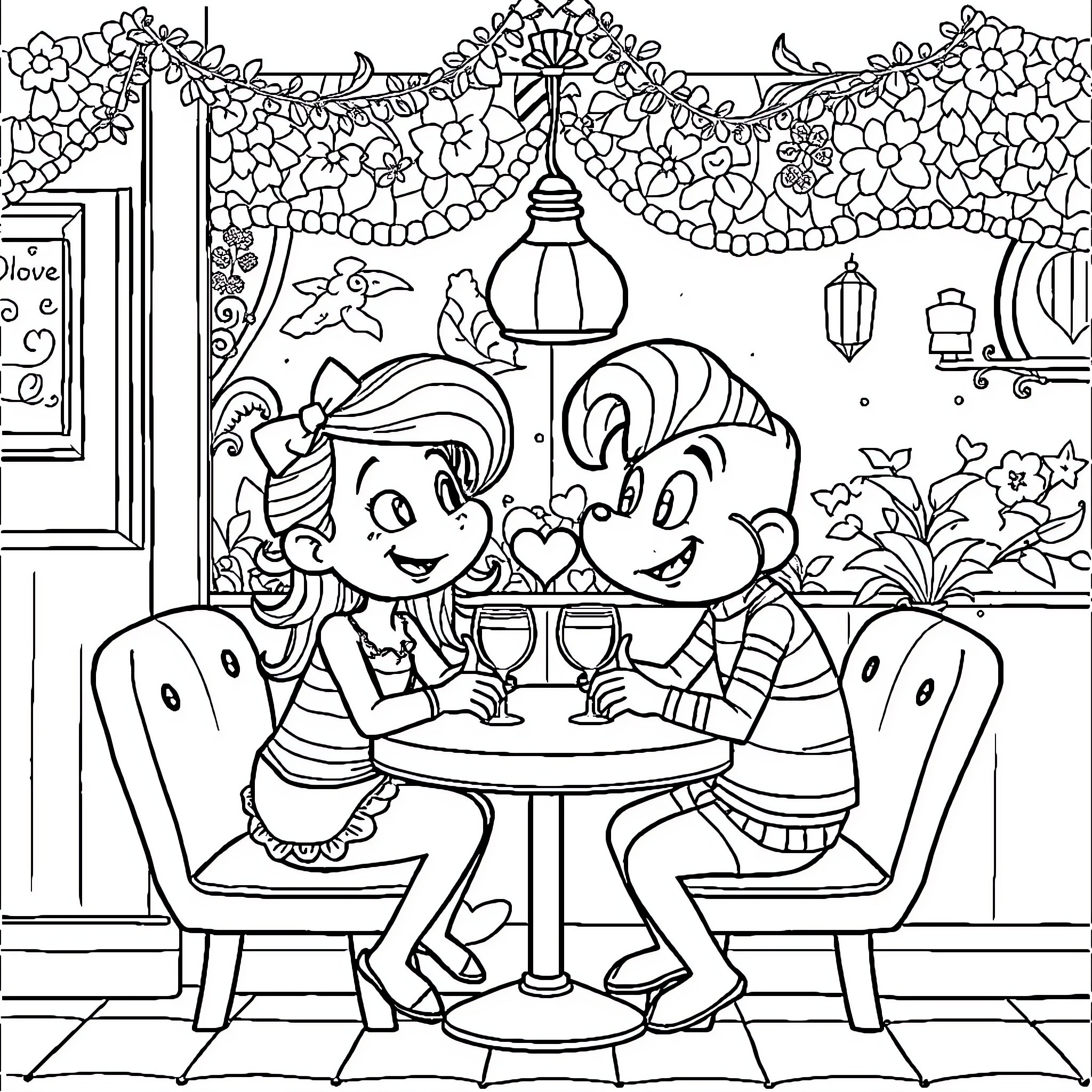Wenda's Romantic Dinner Date with Companion Coloring Page (free black-and-white line drawing printable PDF for all, from beginners to advanced learners, including children, teens, adults, and seniors)