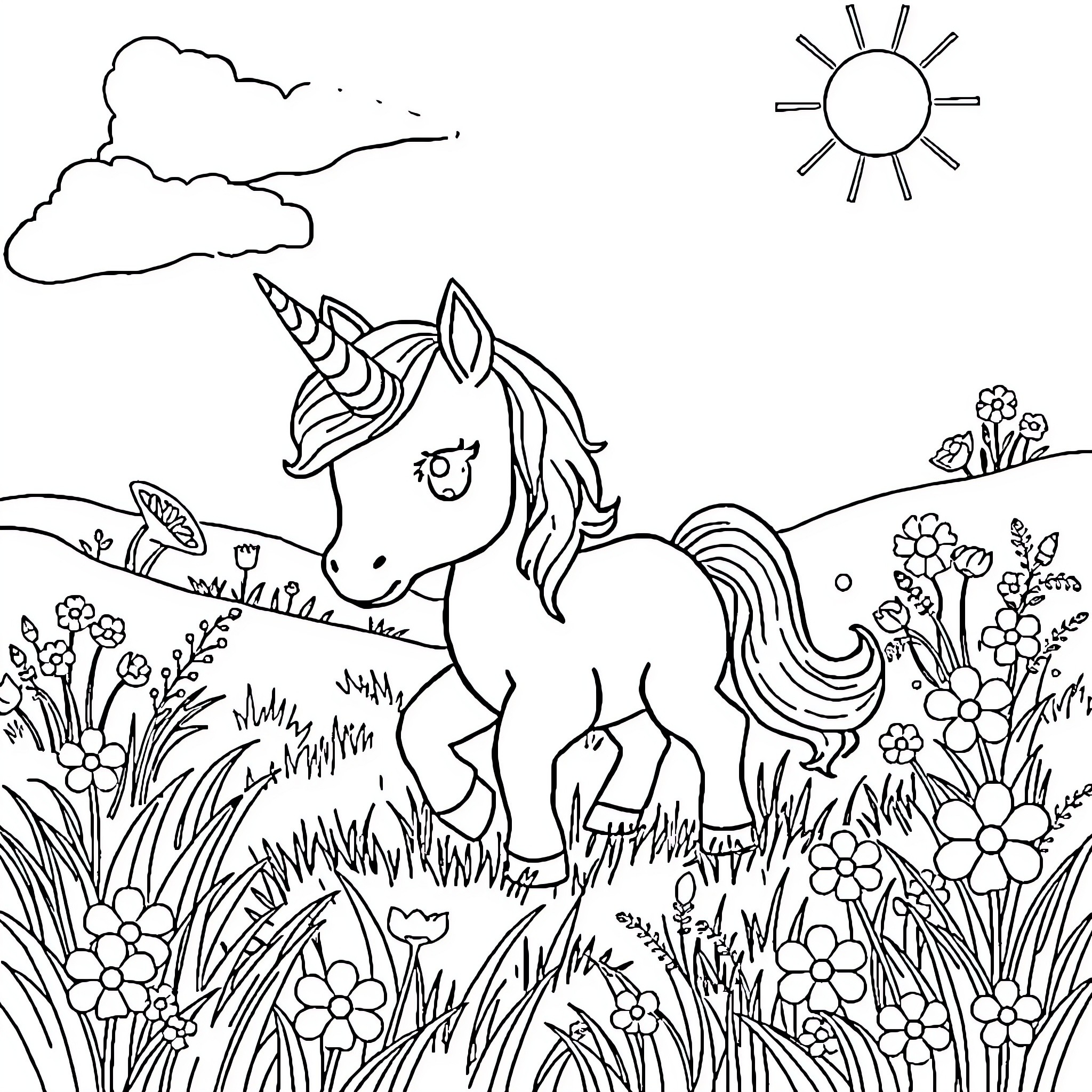 Unicorn frolicking in a magical meadow Coloring Page (free black-and-white line drawing printable PDF for all, from beginners to advanced learners, including children, teens, adults, and seniors)