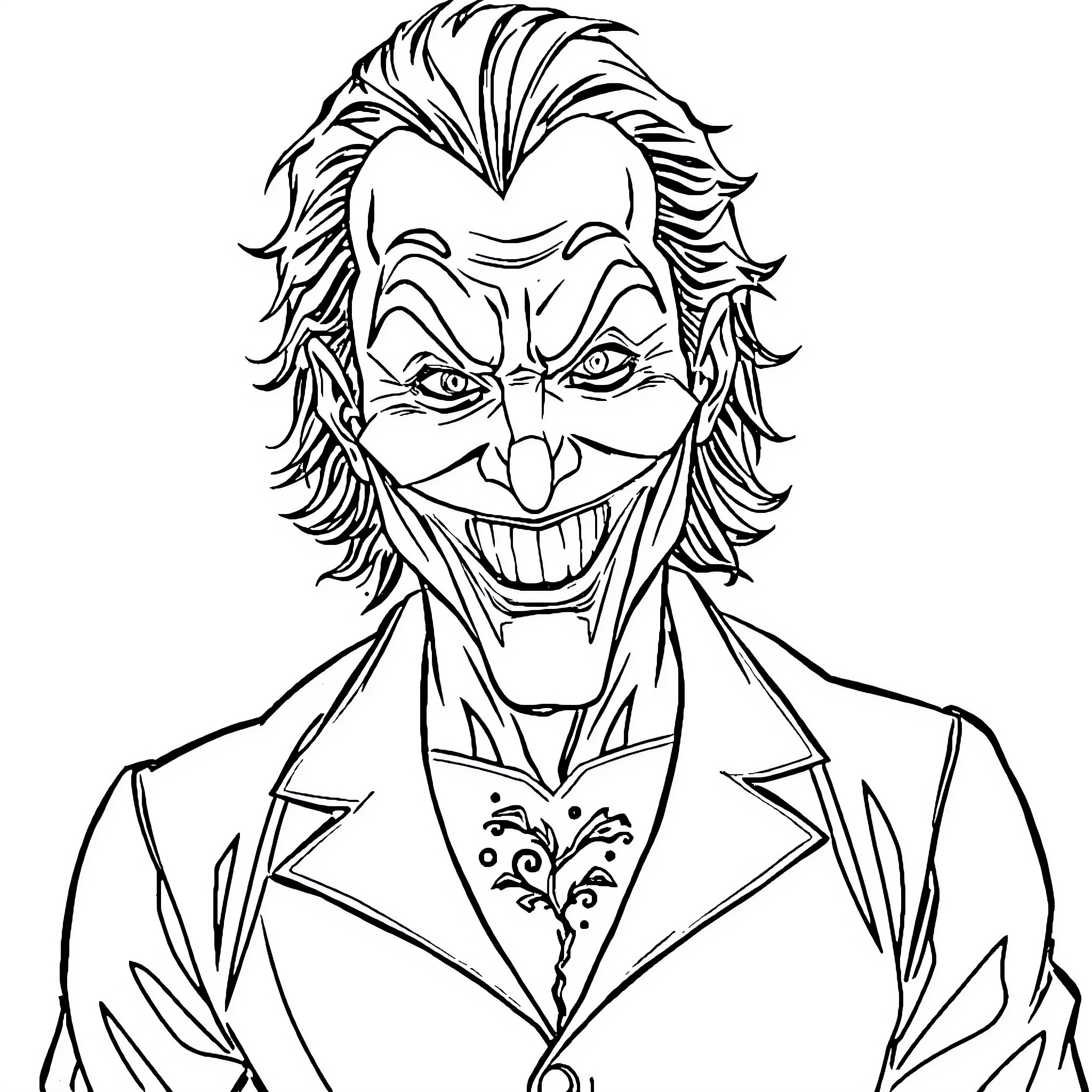 Joker's Menacing Grin: A Villainous Portrayal Coloring Page (free black-and-white line drawing printable PDF for all, from beginners to advanced learners, including children, teens, adults, and seniors)
