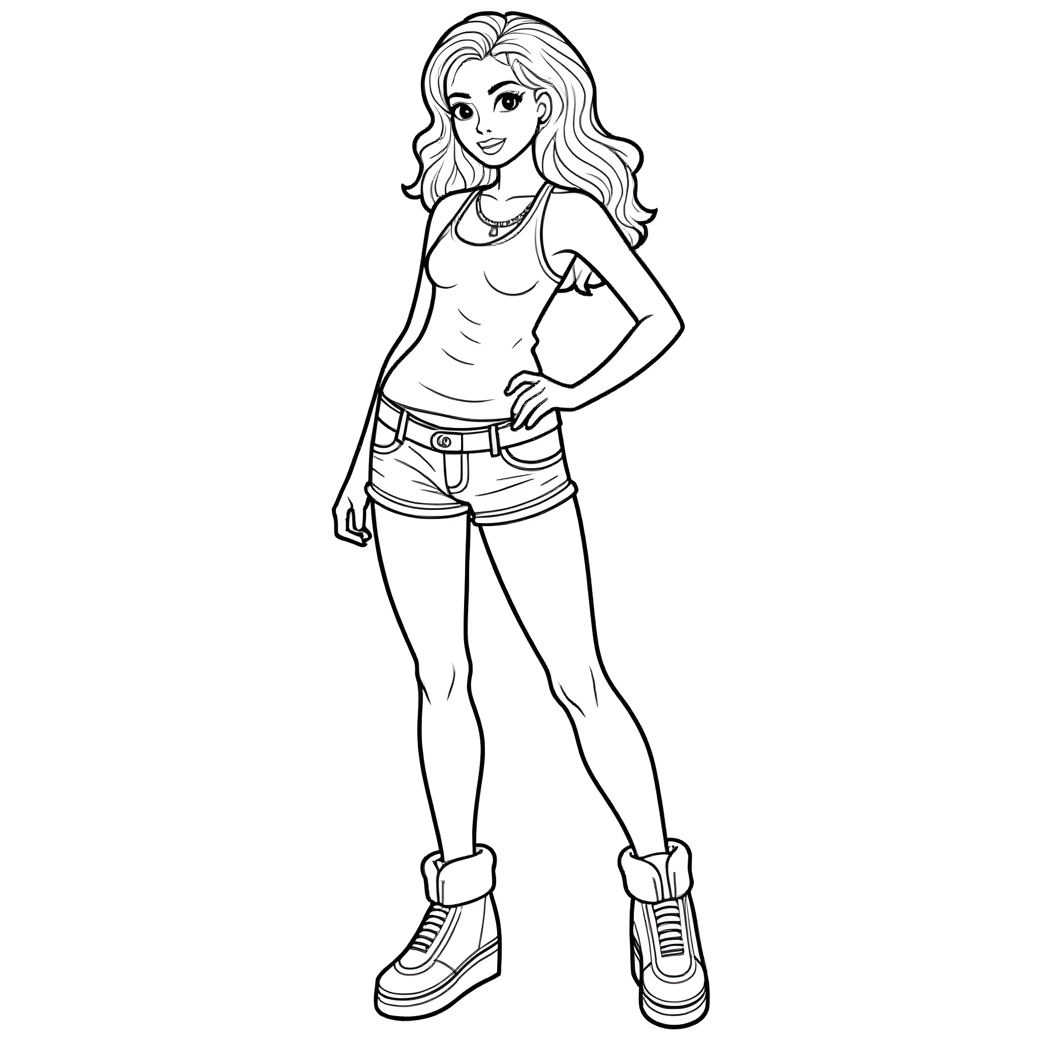 Daisy Duke's Casual Outfit and Sporty Pose Coloring Page (free black-and-white line drawing printable PDF for all, from beginners to advanced learners, including children, teens, adults, and seniors)