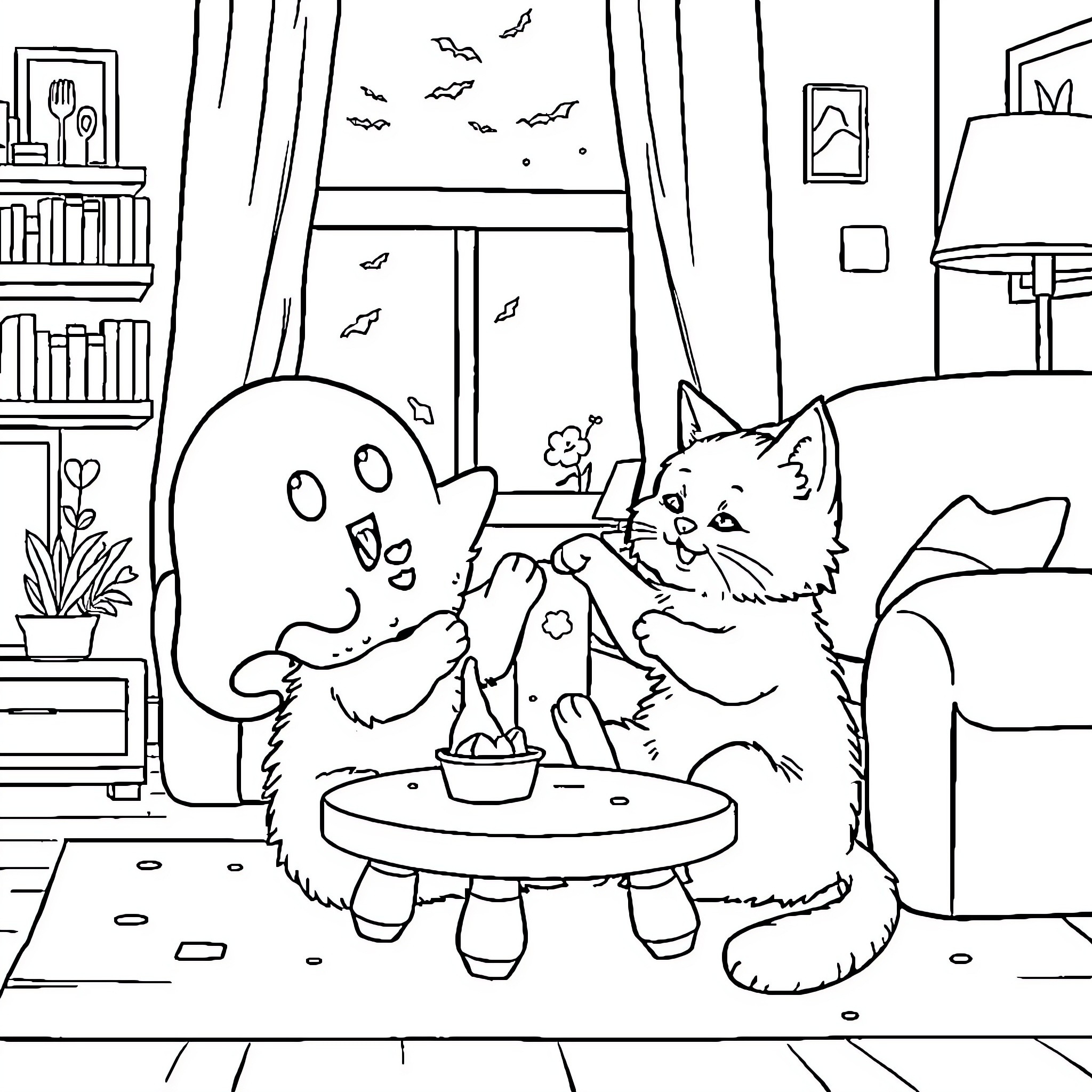 Cats playing with a ghost toy in the room Coloring Page (free black-and-white line drawing printable PDF for all, from beginners to advanced learners, including children, teens, adults, and seniors)