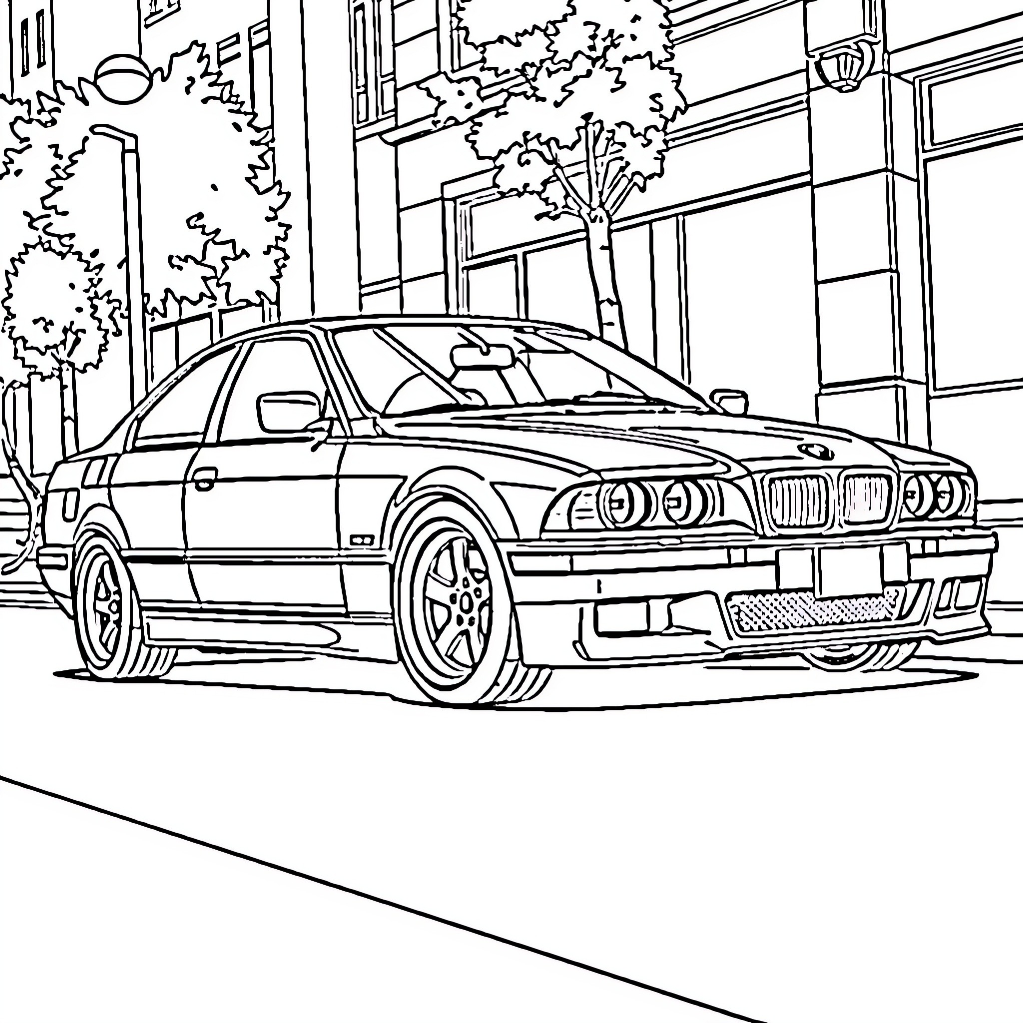 BMW Sports Car on City Street Coloring Page (free black-and-white line drawing printable PDF for all, from beginners to advanced learners, including children, teens, adults, and seniors)
