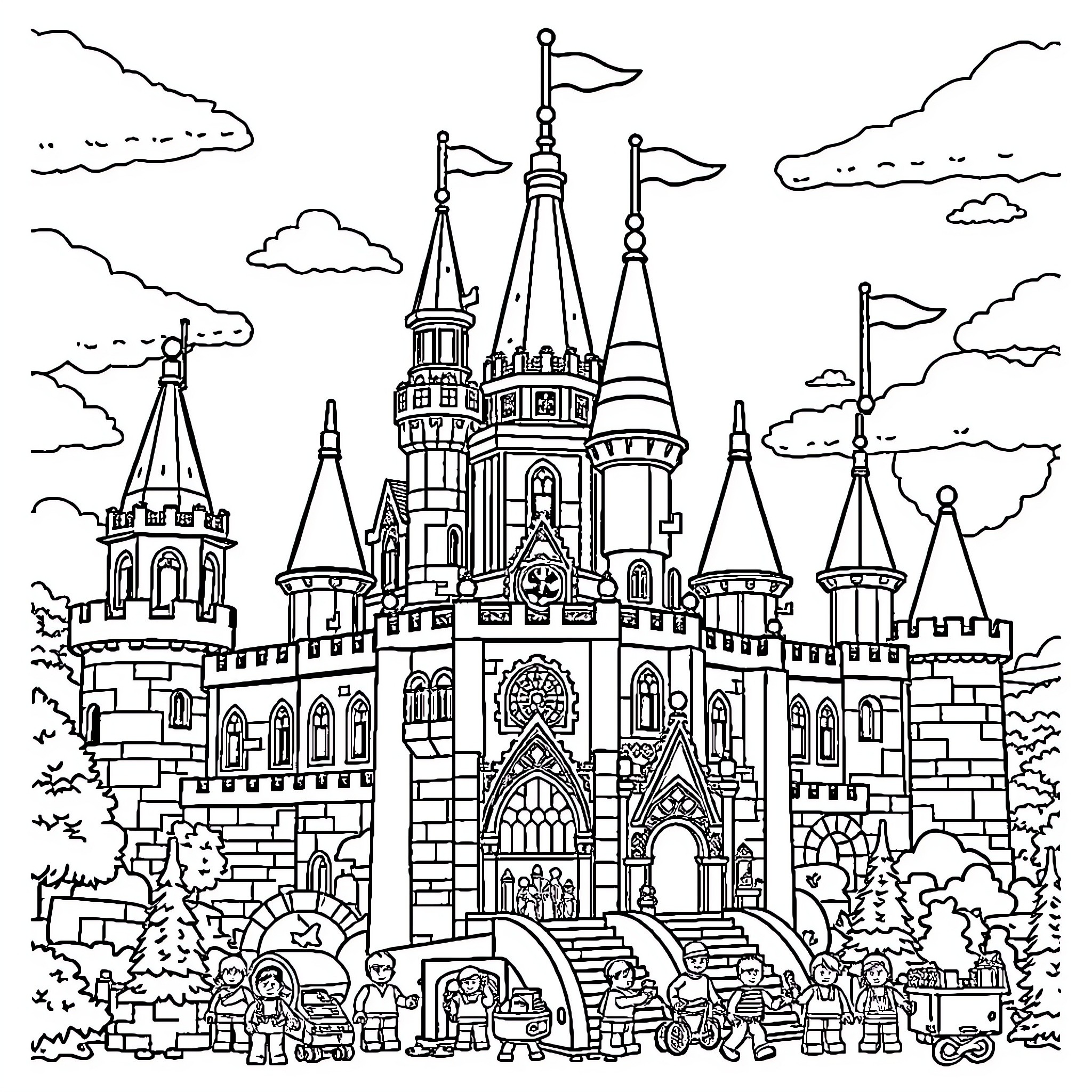Castle with Elaborate Architectural Details and Figures Coloring Page (free black-and-white line drawing printable PDF for all, from beginners to advanced learners, including children, teens, adults, and seniors)
