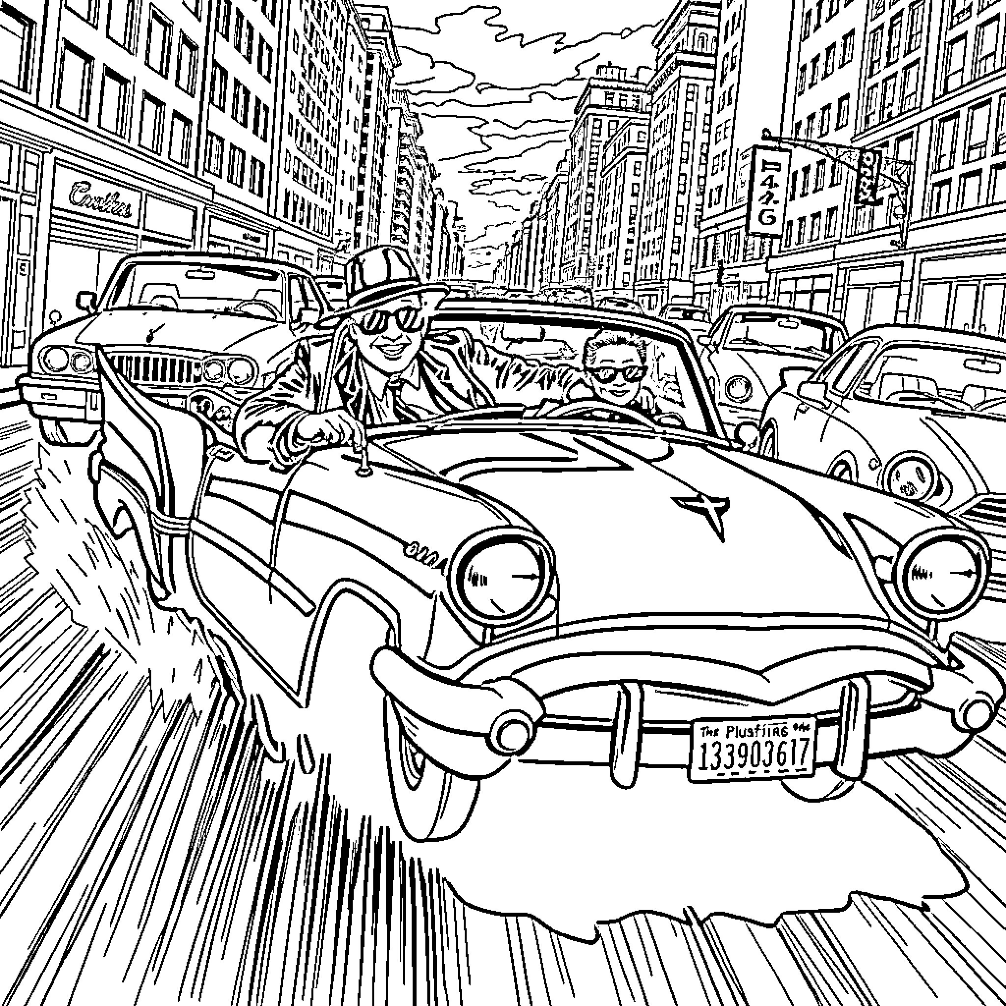 Car Speeding Through Busy City Street Coloring Page (free black-and-white line drawing printable PDF for all, from beginners to advanced learners, including children, teens, adults, and seniors)