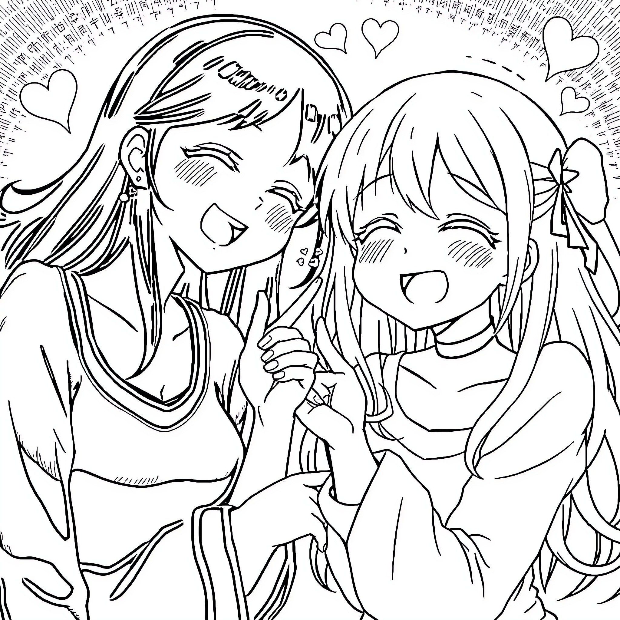 Anime Girls Expressing Affection Coloring Page (free black-and-white line drawing printable PDF for all, from beginners to advanced learners, including children, teens, adults, and seniors)