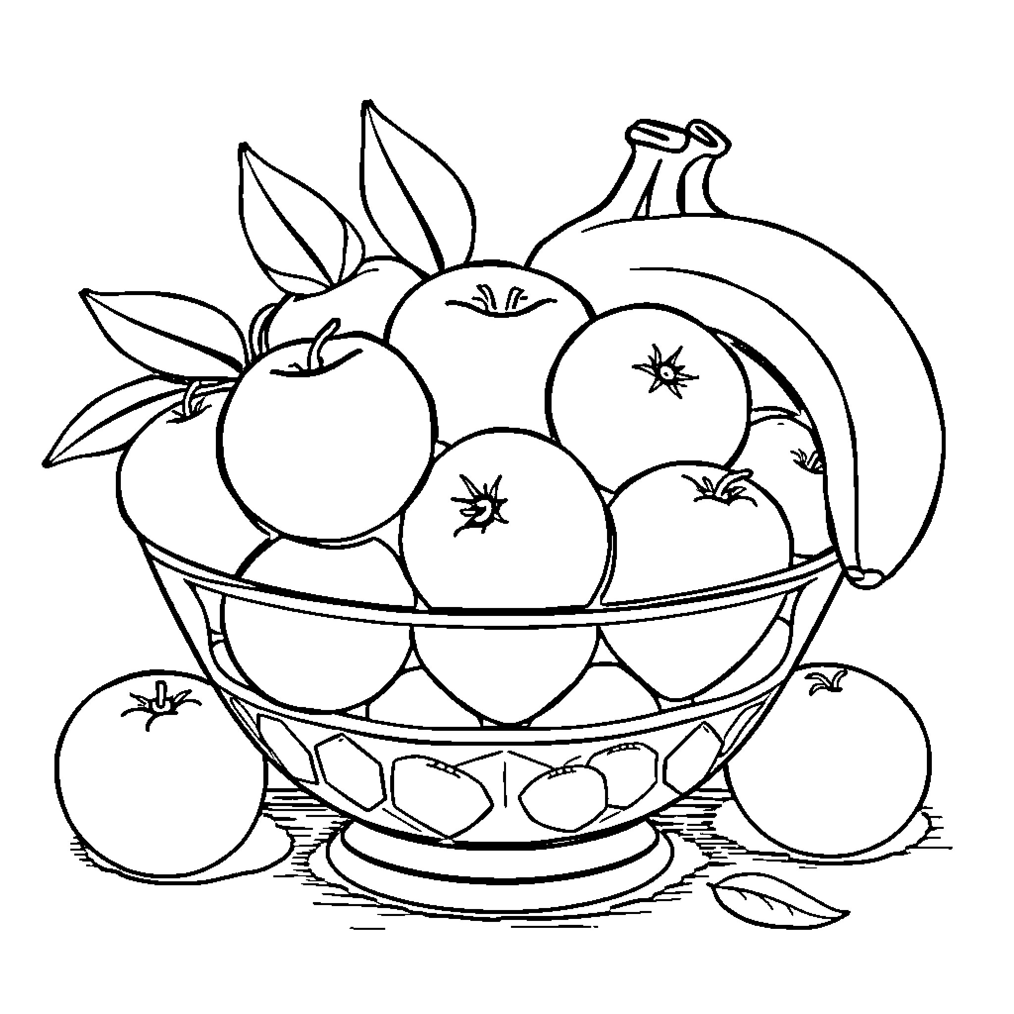 Fruit Bowl Filled with Assorted Produce Coloring Page (free black-and-white line drawing printable PDF for all, from beginners to advanced learners, including children, teens, adults, and seniors)