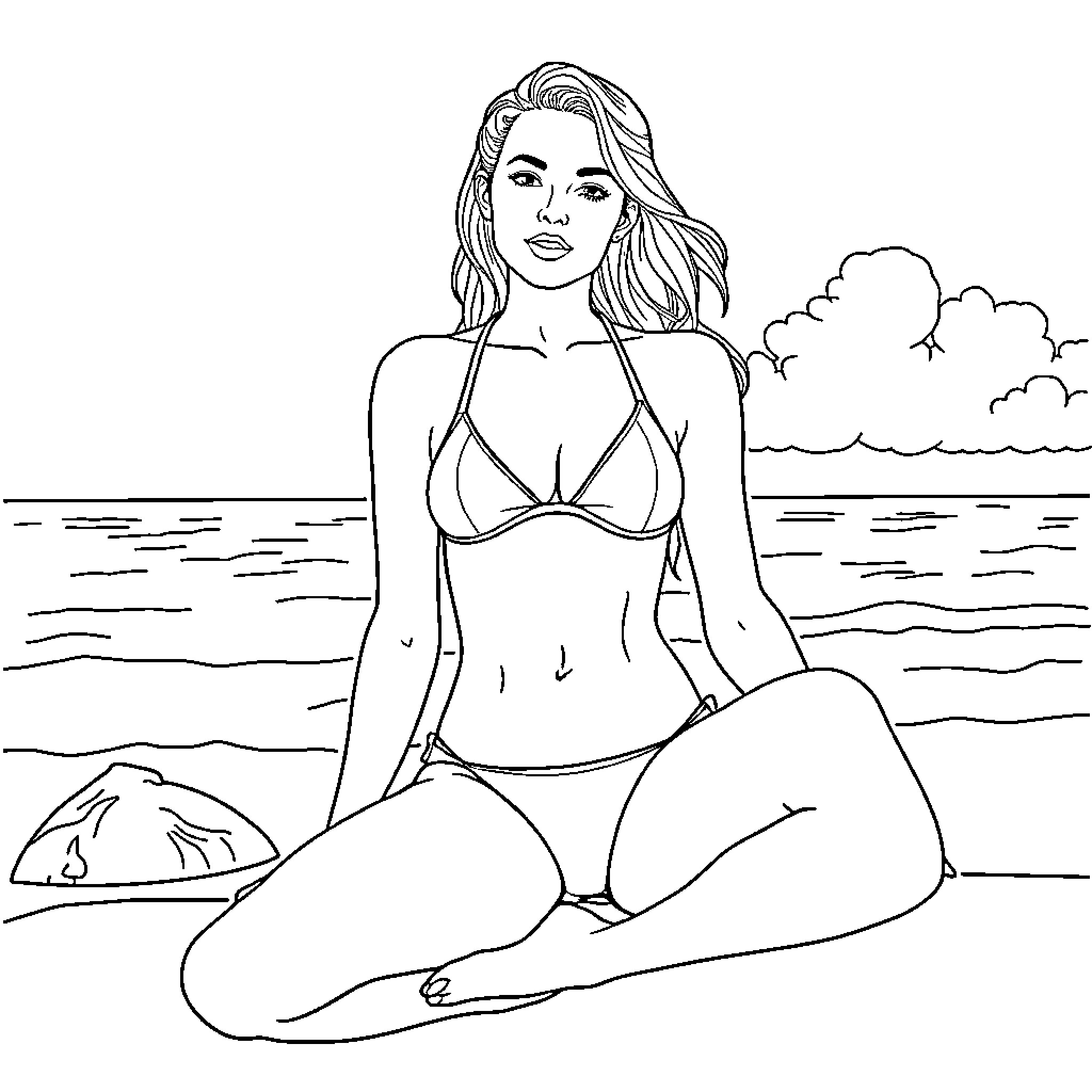 Woman in a bikini relaxing on the beach Coloring Page (free black-and-white line drawing printable PDF for all, from beginners to advanced learners, including children, teens, adults, and seniors)