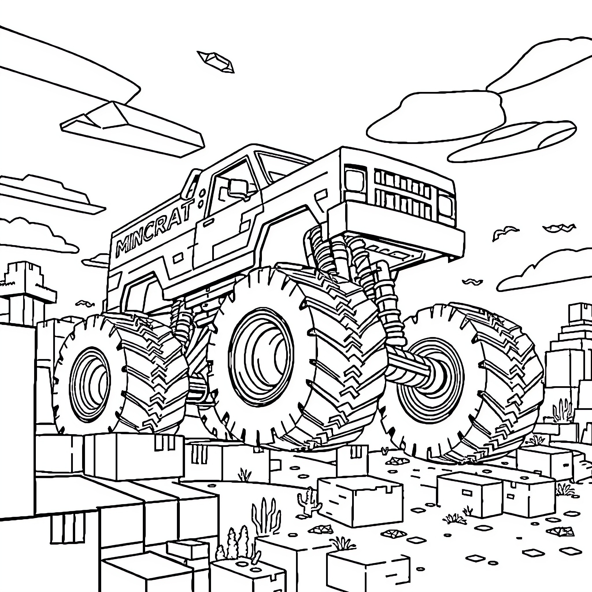 Monster Truck Crushing Buildings in a Futuristic Landscape Coloring Page (free black-and-white line drawing printable PDF for all, from beginners to advanced learners, including children, teens, adults, and seniors)