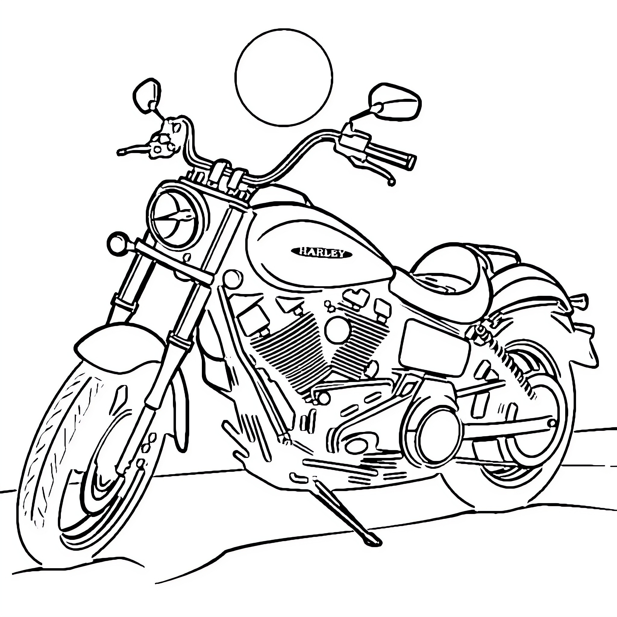 Harley motorcycle in motion on the road Coloring Page (free black-and-white line drawing printable PDF for all, from beginners to advanced learners, including children, teens, adults, and seniors)
