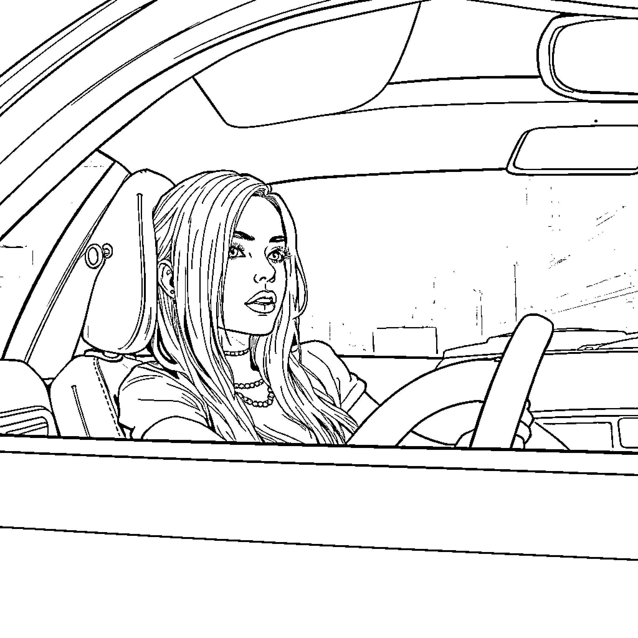 Billie Eilish driving a car with a thoughtful expression Coloring Page (free black-and-white line drawing printable PDF for all, from beginners to advanced learners, including children, teens, adults, and seniors)