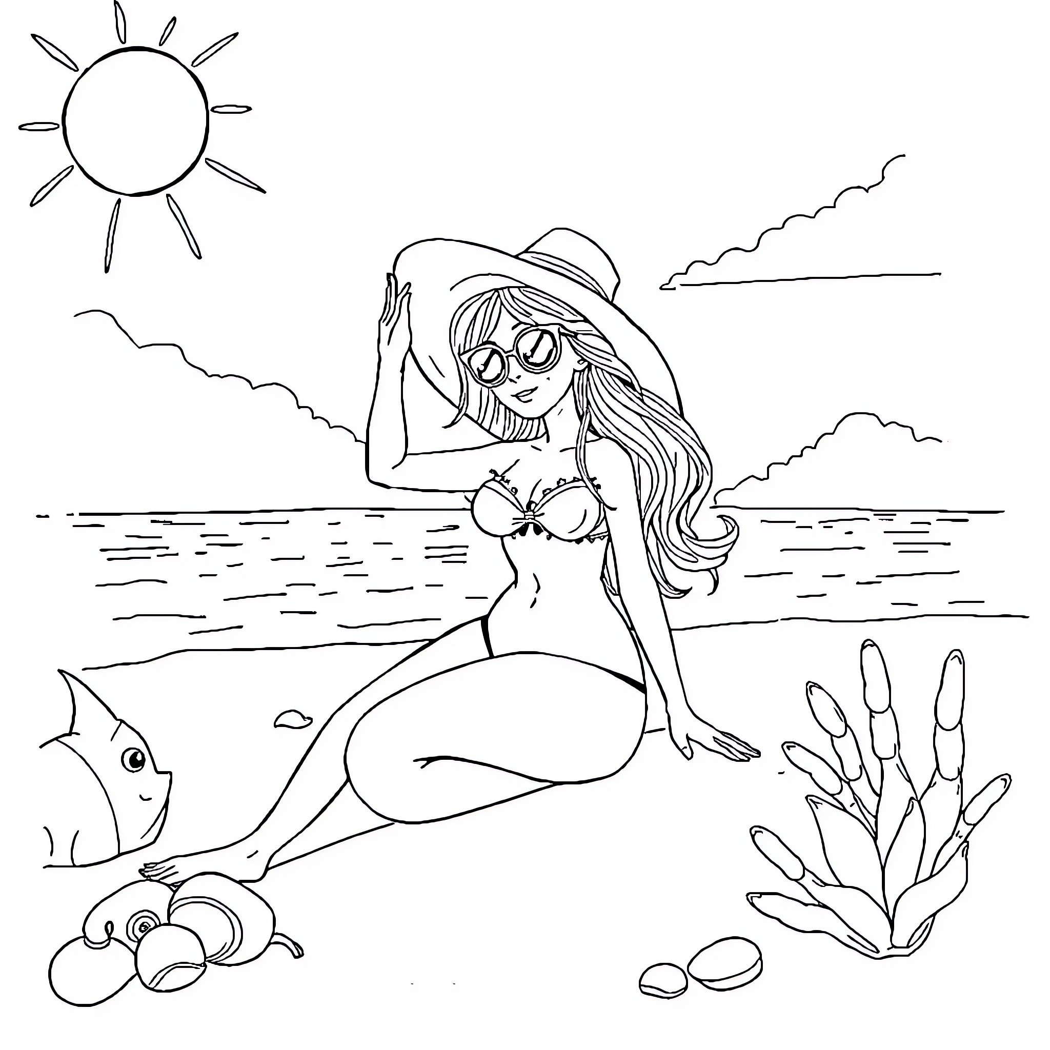 Princesse sunbathing on the beach Coloring Page (free black-and-white line drawing printable PDF for all, from beginners to advanced learners, including children, teens, adults, and seniors)