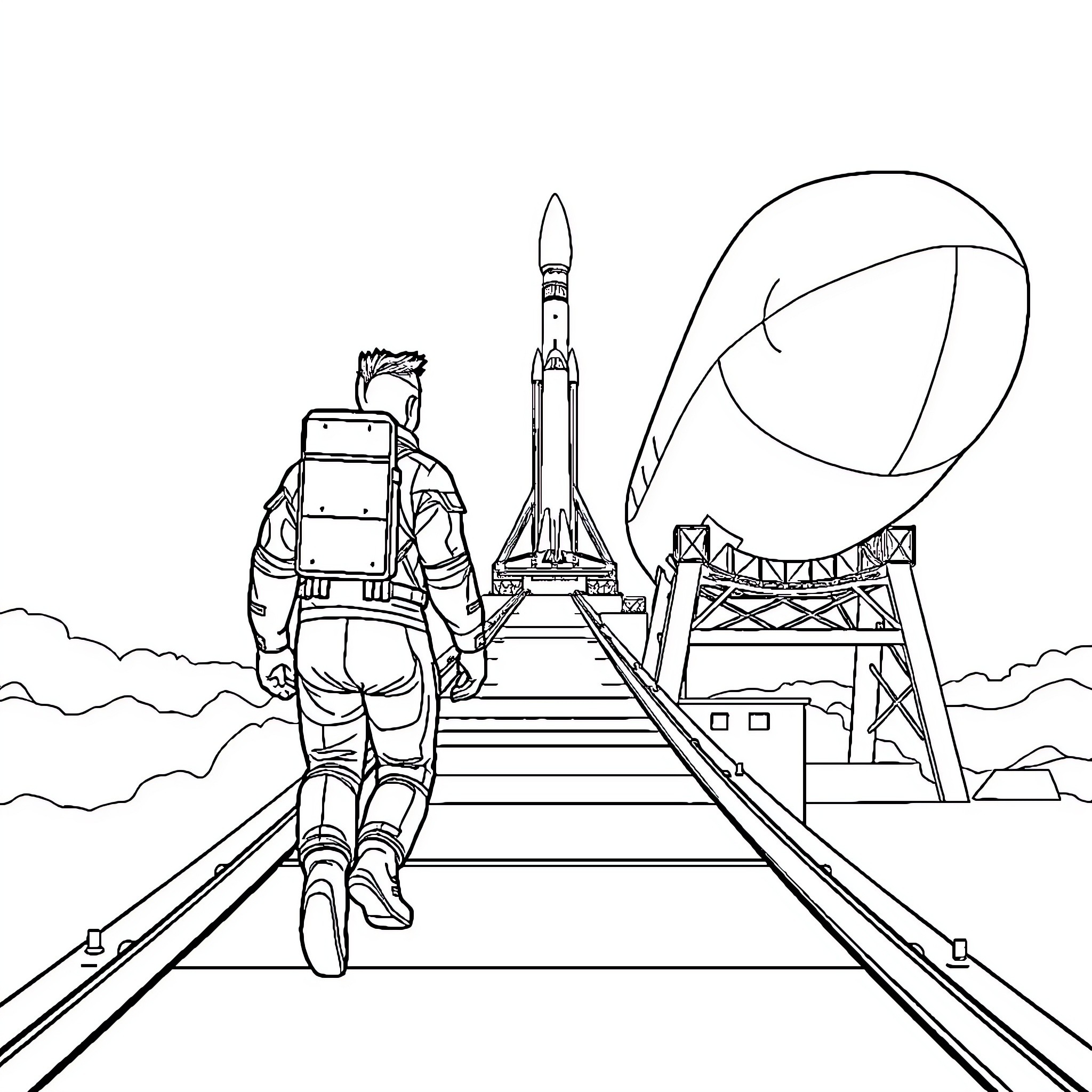 Elon Musk walking towards a rocket launch platform Coloring Page (free black-and-white line drawing printable PDF for all, from beginners to advanced learners, including children, teens, adults, and seniors)