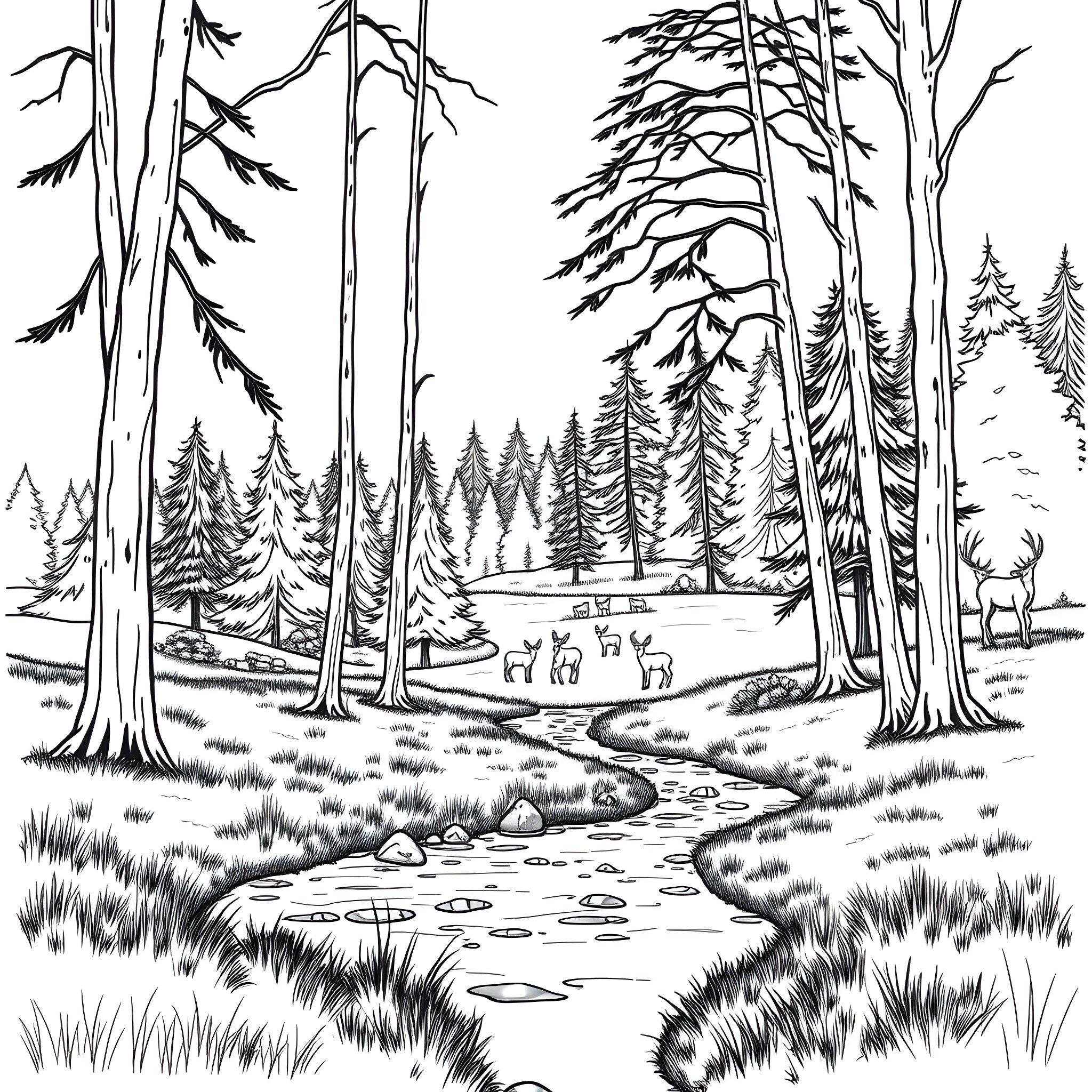 Outdoor Forest Landscape with Deer Coloring Page (free black-and-white line drawing printable PDF for all, from beginners to advanced learners, including children, teens, adults, and seniors)