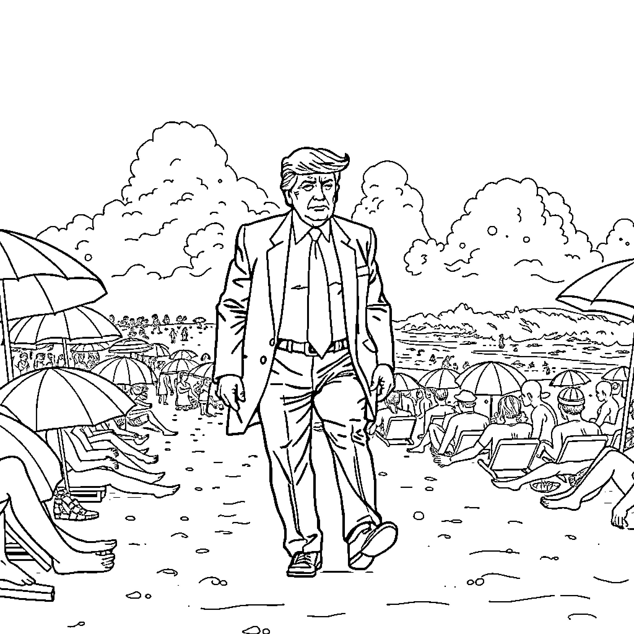 Donald Trump walking among beachgoers on a sunny day Coloring Page (free black-and-white line drawing printable PDF for all, from beginners to advanced learners, including children, teens, adults, and seniors)