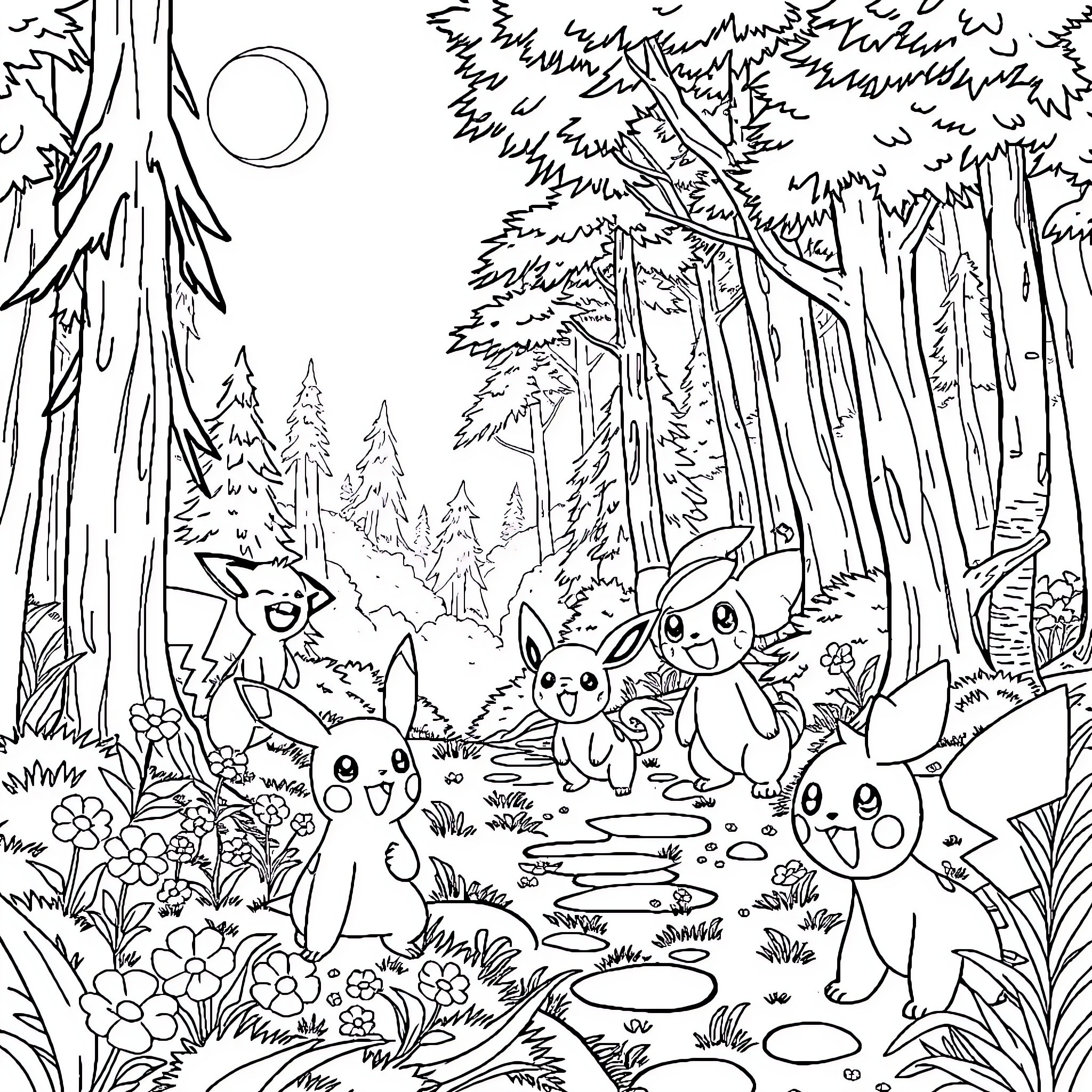 Pokémon Enjoying a Peaceful Forest Gathering Coloring Page (free black-and-white line drawing printable PDF for all, from beginners to advanced learners, including children, teens, adults, and seniors)