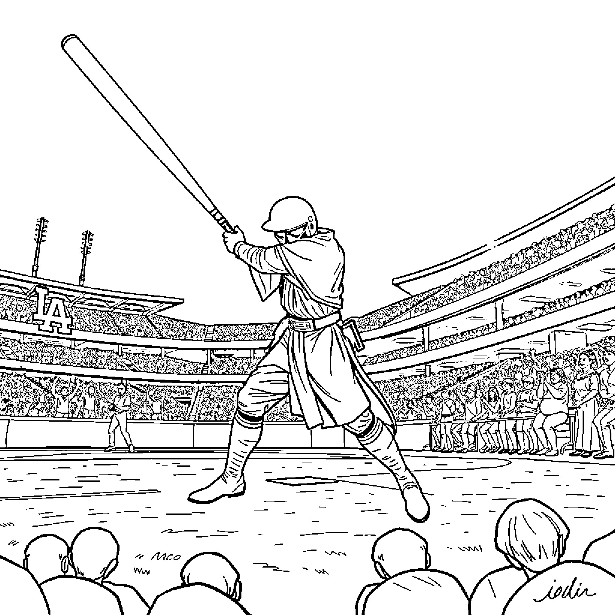 Jedi Warrior Battling in a Crowded Stadium Coloring Page (free black-and-white line drawing printable PDF for all, from beginners to advanced learners, including children, teens, adults, and seniors)