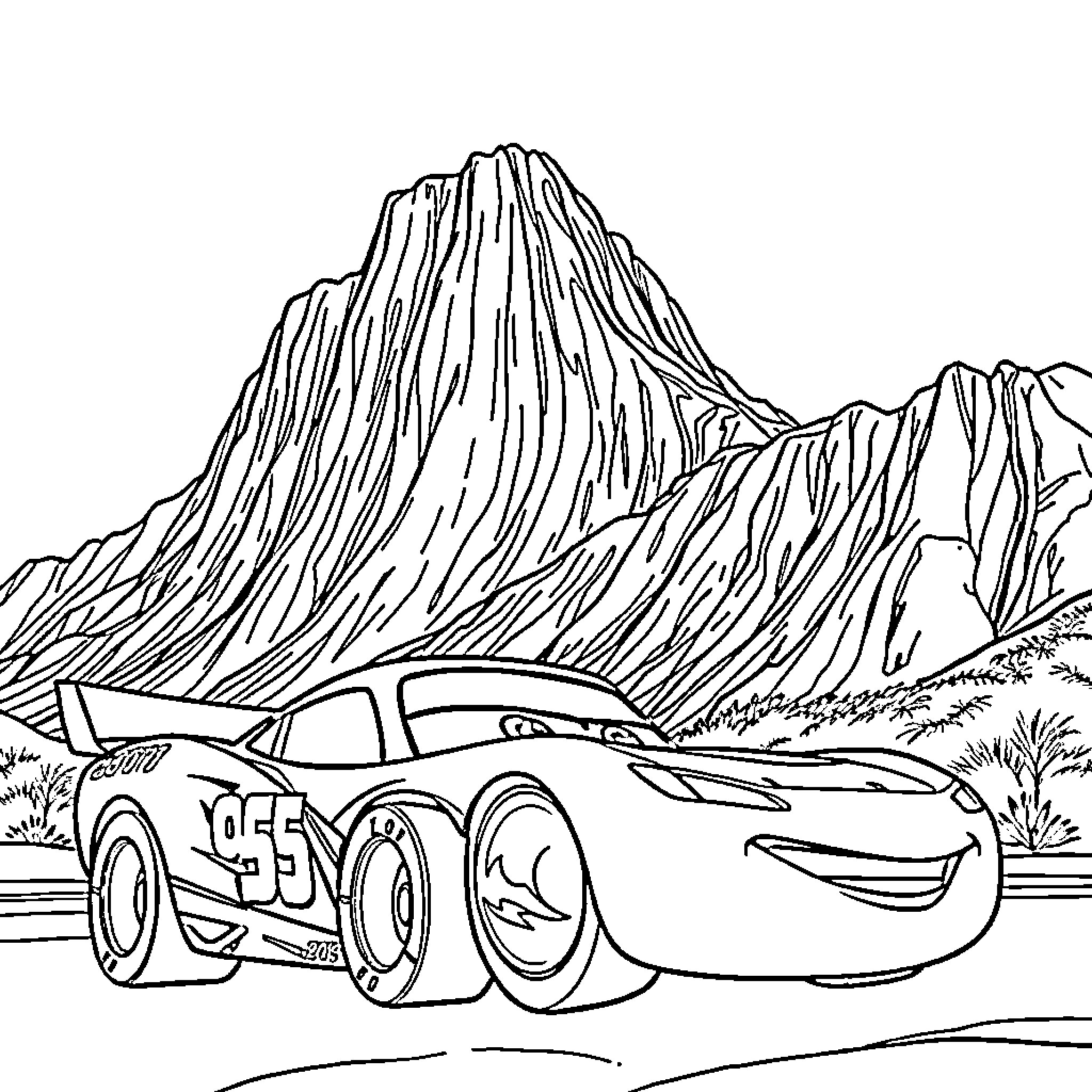 Lightning McQueen racing through the mountains Coloring Page (free black-and-white line drawing printable PDF for all, from beginners to advanced learners, including children, teens, adults, and seniors)