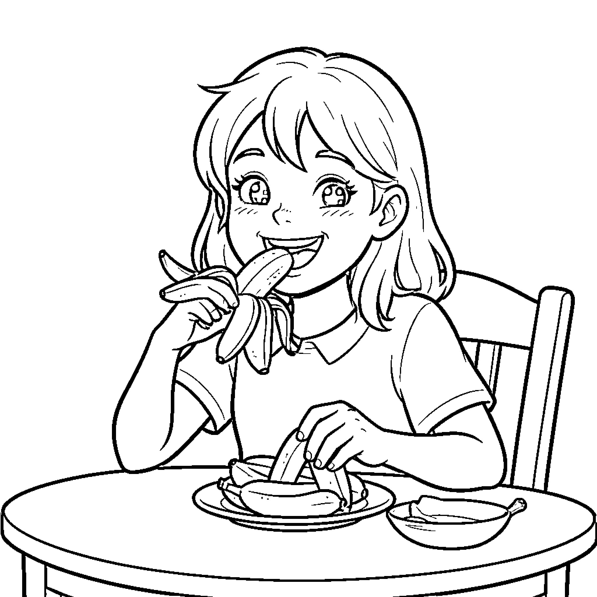 Helena Karel happily eating a banana at the table Coloring Page (free black-and-white line drawing printable PDF for all, from beginners to advanced learners, including children, teens, adults, and seniors)