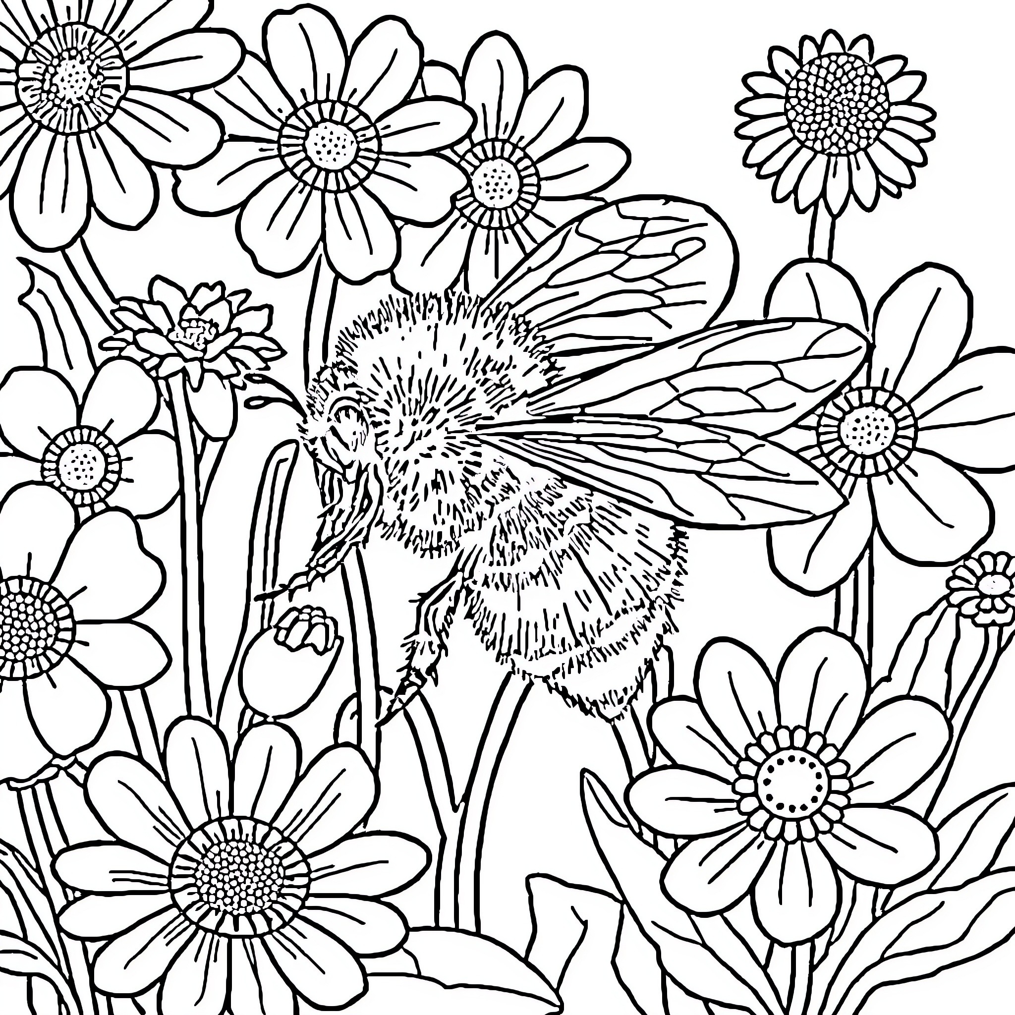 Bumblebee surrounded by delicate floral patterns Coloring Page (free black-and-white line drawing printable PDF for all, from beginners to advanced learners, including children, teens, adults, and seniors)
