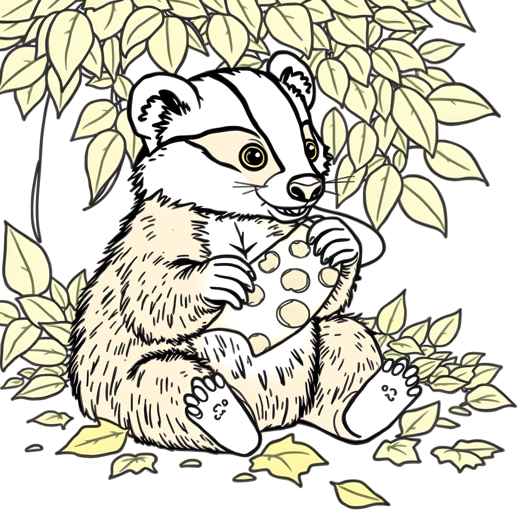 Honey Badger enjoying a snack in the leafy forest Coloring Page (free black-and-white line drawing printable PDF for all, from beginners to advanced learners, including children, teens, adults, and seniors)