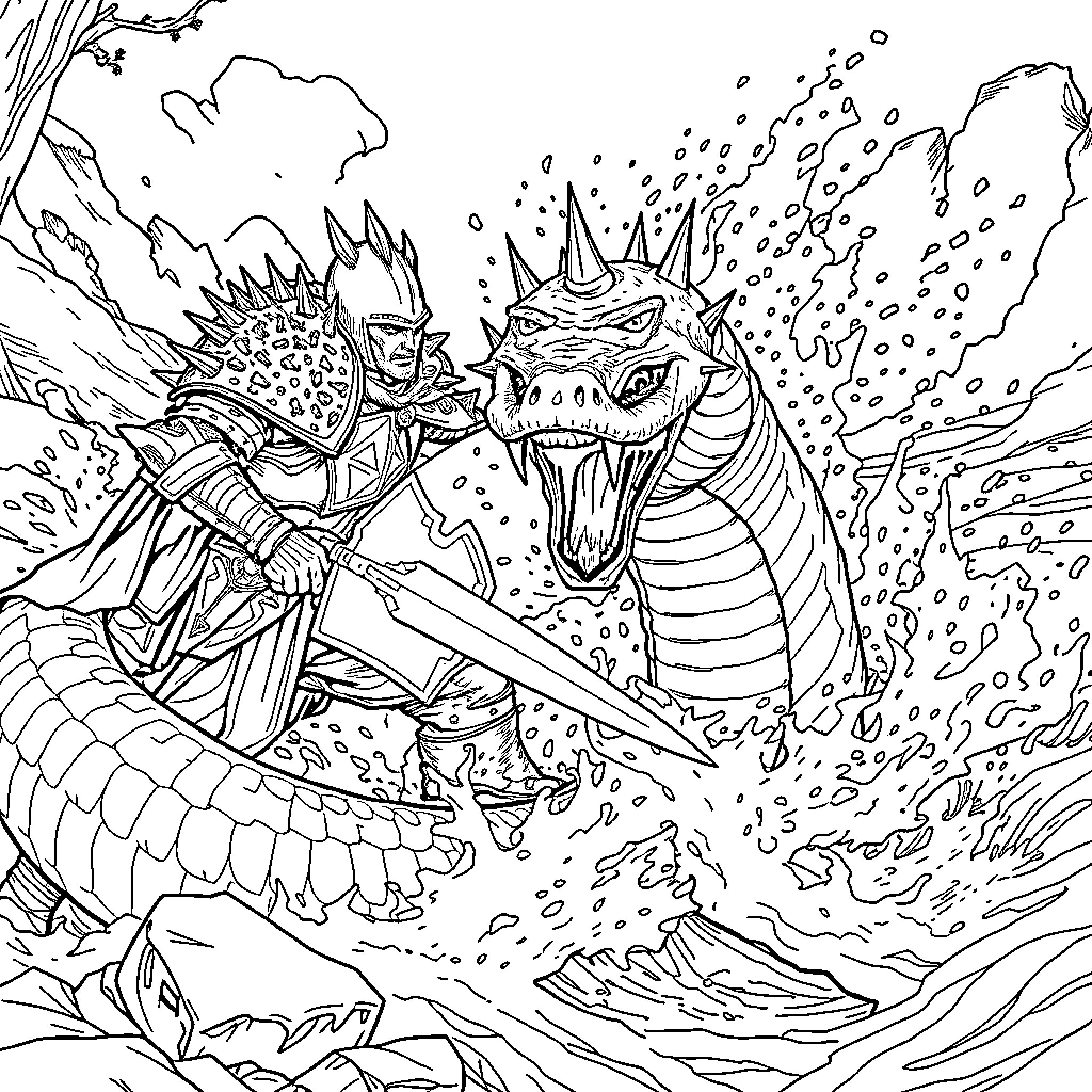 Knight battling a ferocious dragon in a fantastical realm Coloring Page (free black-and-white line drawing printable PDF for all, from beginners to advanced learners, including children, teens, adults, and seniors)