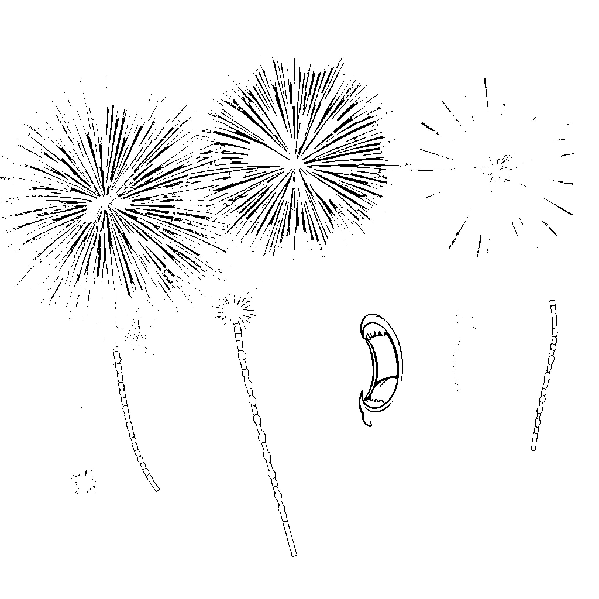 Firecracker bursts and sparklers in the night sky Coloring Page (free black-and-white line drawing printable PDF for all, from beginners to advanced learners, including children, teens, adults, and seniors)