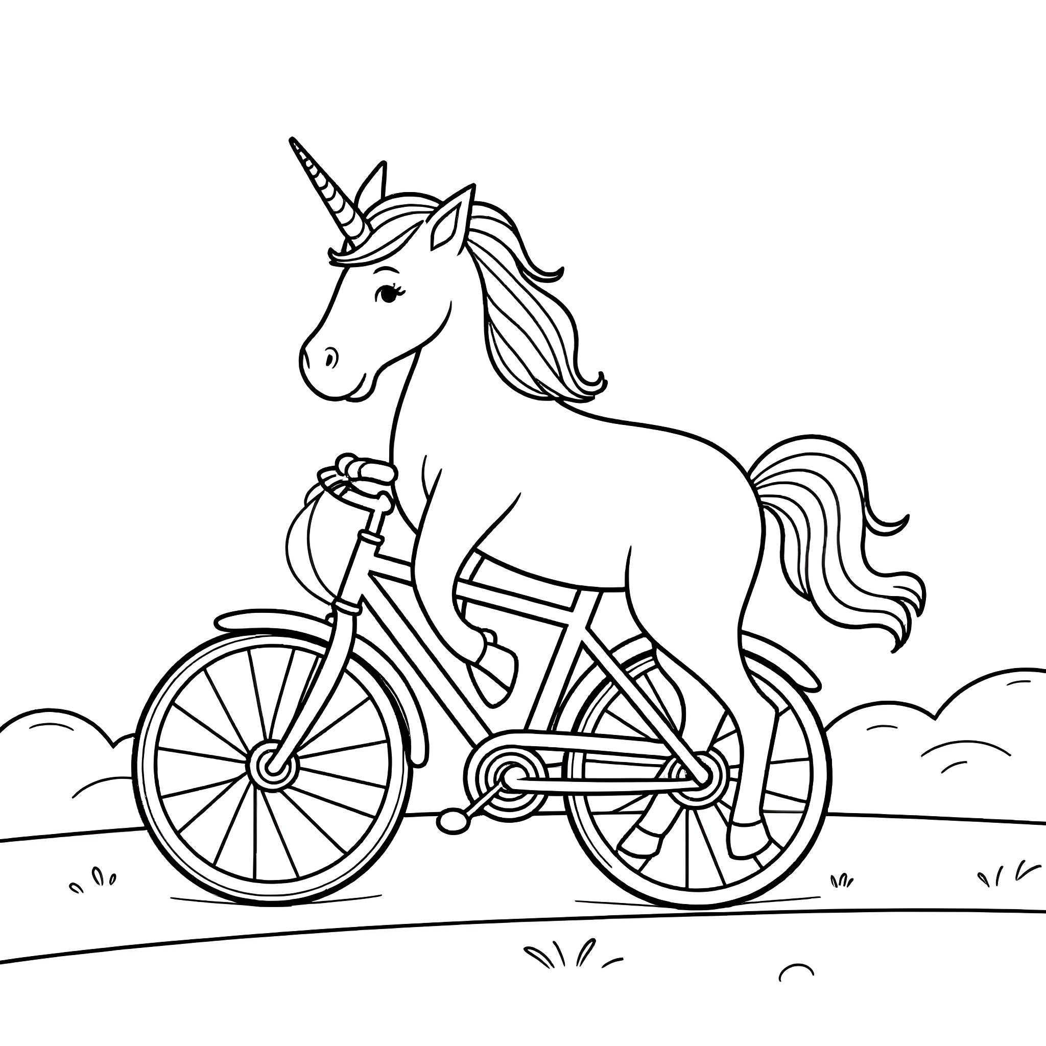 Unicorn riding a bicycle in the meadow Coloring Page (free black-and-white line drawing printable PDF for all, from beginners to advanced learners, including children, teens, adults, and seniors)