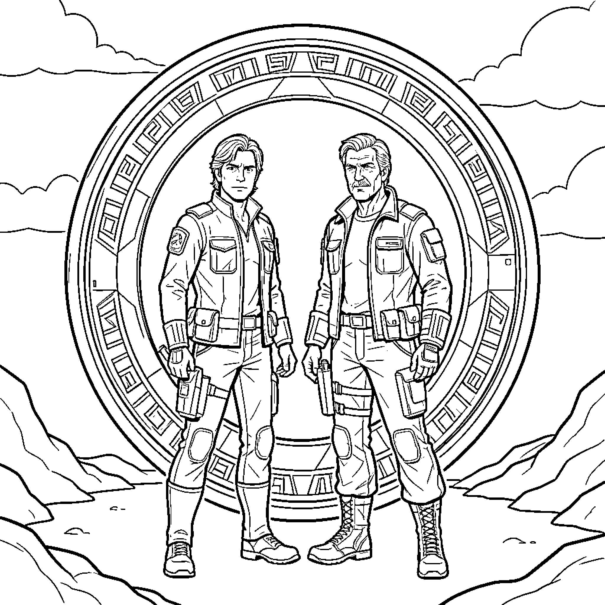 Macgyver standing heroically in front of a mysterious portal Coloring Page (free black-and-white line drawing printable PDF for all, from beginners to advanced learners, including children, teens, adults, and seniors)