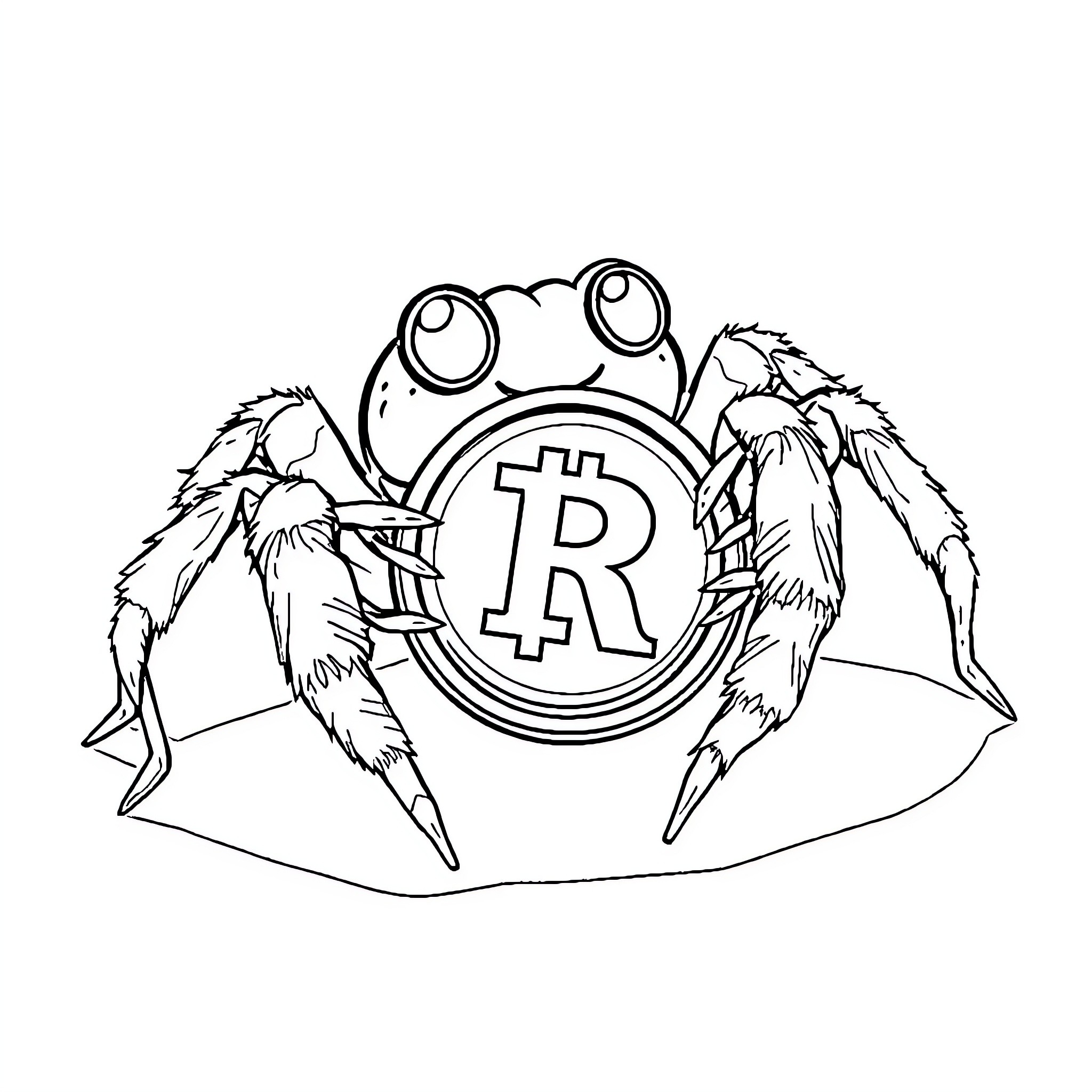 Spider guarding the cryptocurrency symbol Coloring Page (free black-and-white line drawing printable PDF for all, from beginners to advanced learners, including children, teens, adults, and seniors)