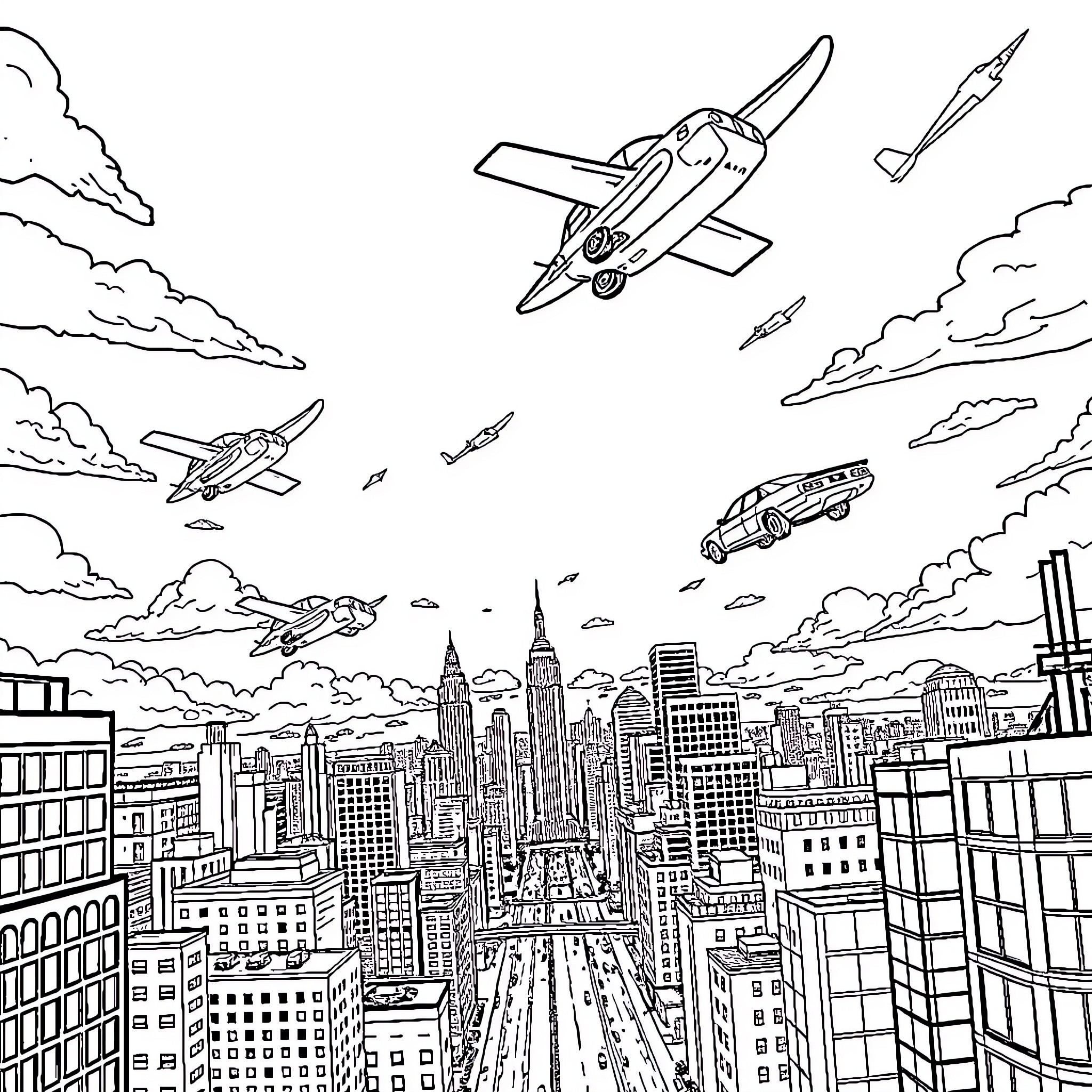 Flying Cars Racing Above Futuristic City Skyline Coloring Page (free black-and-white line drawing printable PDF for all, from beginners to advanced learners, including children, teens, adults, and seniors)