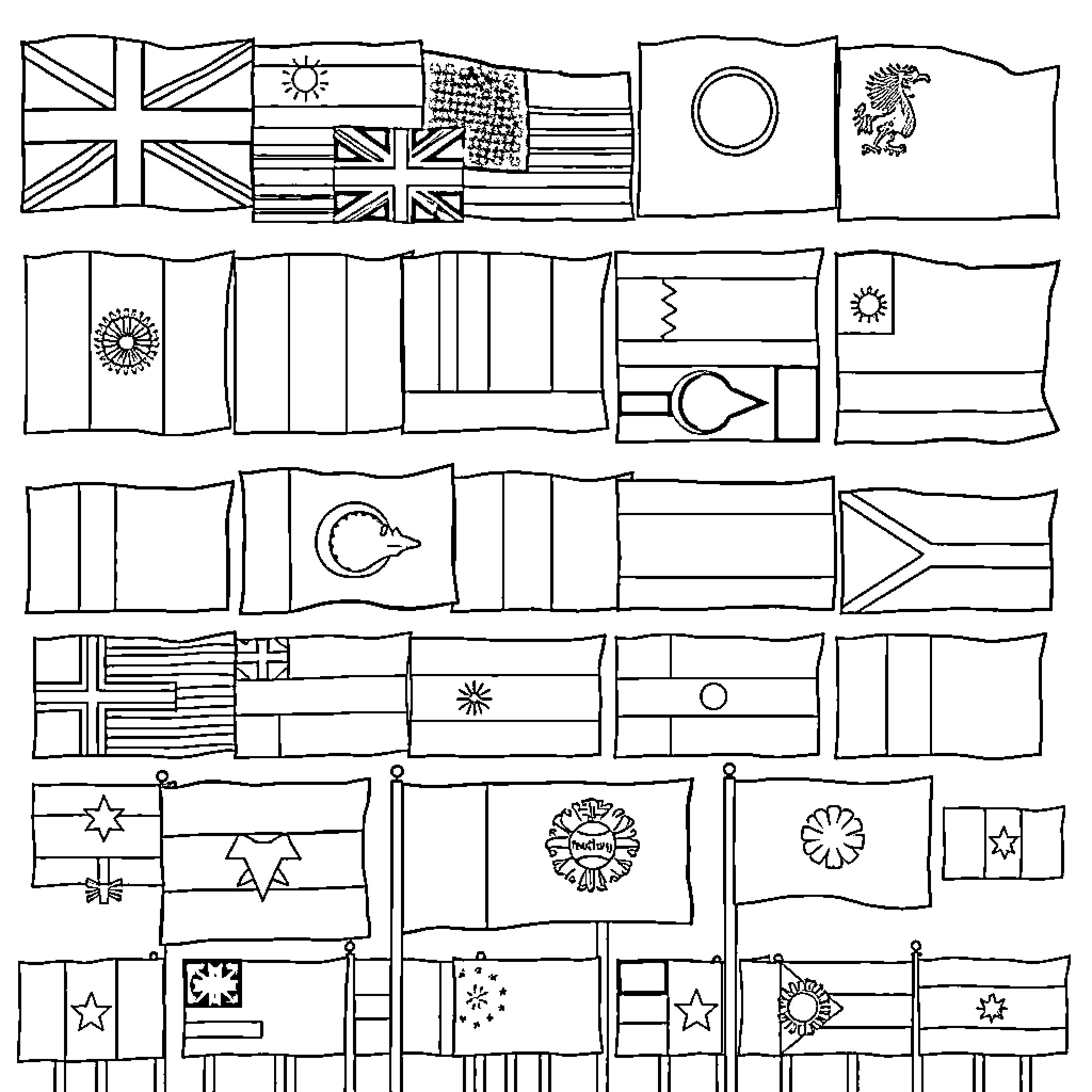 Flags of the World Outlined Coloring Page (free black-and-white line drawing printable PDF for all, from beginners to advanced learners, including children, teens, adults, and seniors)