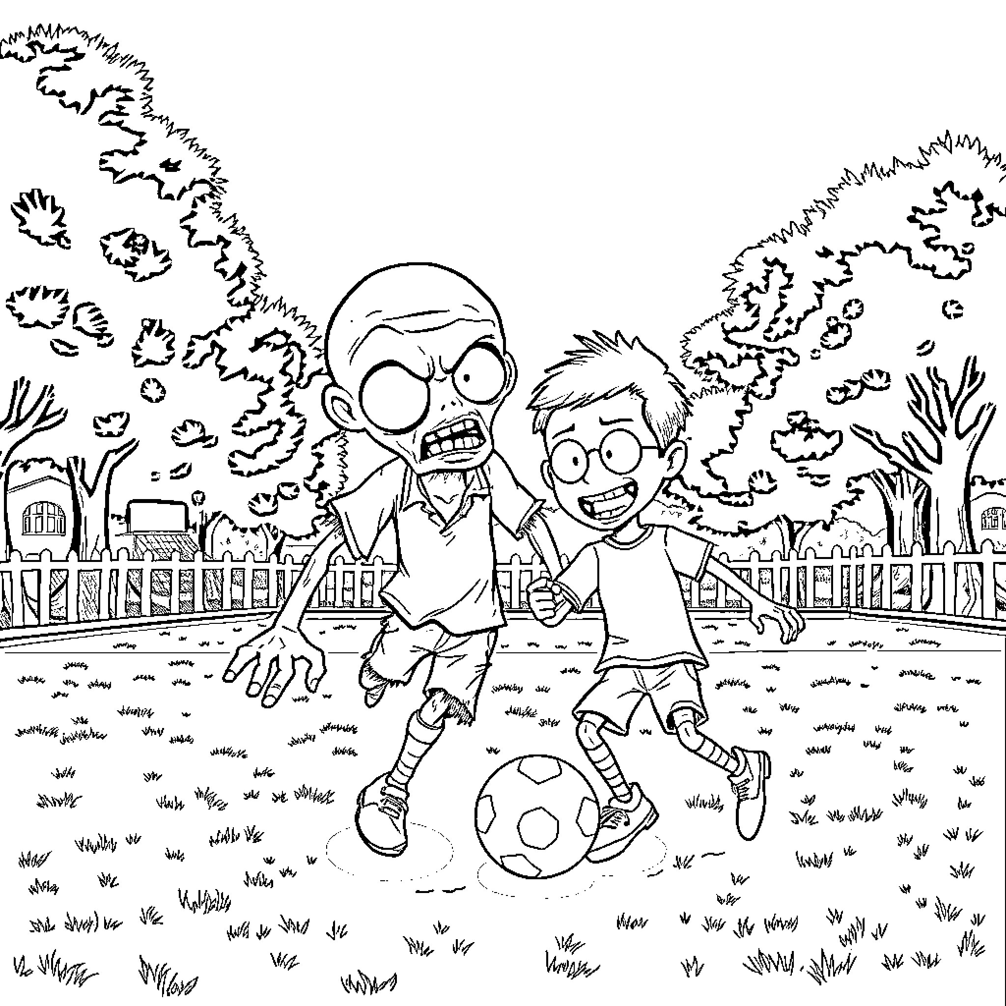 Zombie Kids Playing Soccer in Neighborhood Coloring Page (free black-and-white line drawing printable PDF for all, from beginners to advanced learners, including children, teens, adults, and seniors)