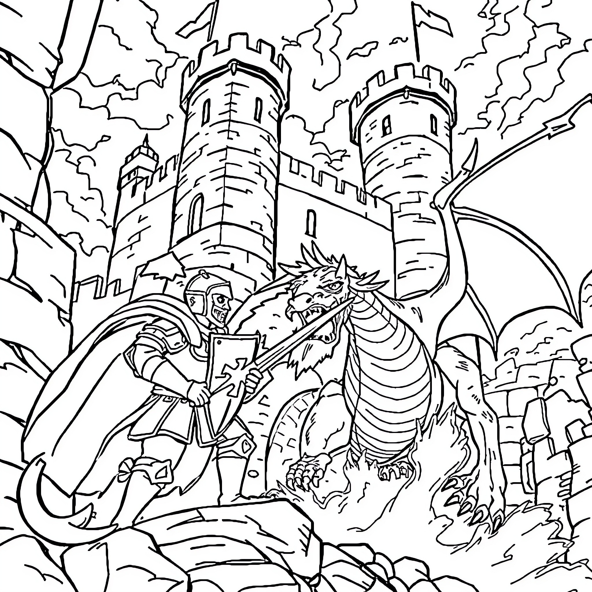 Knight battling a fierce dragon near a castle Coloring Page (free black-and-white line drawing printable PDF for all, from beginners to advanced learners, including children, teens, adults, and seniors)