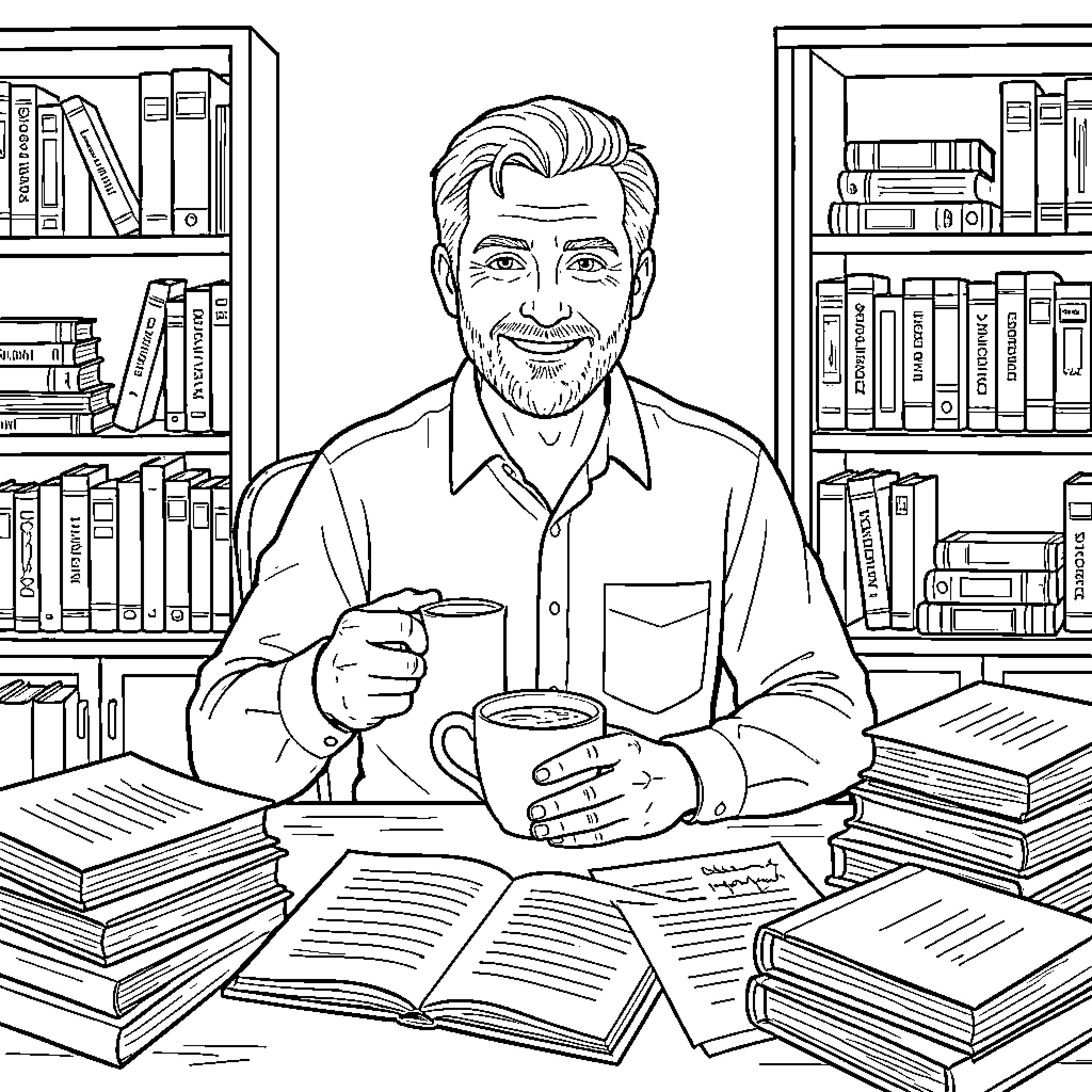 Teacher sitting at desk drinking coffee among books Coloring Page (free black-and-white line drawing printable PDF for all, from beginners to advanced learners, including children, teens, adults, and seniors)