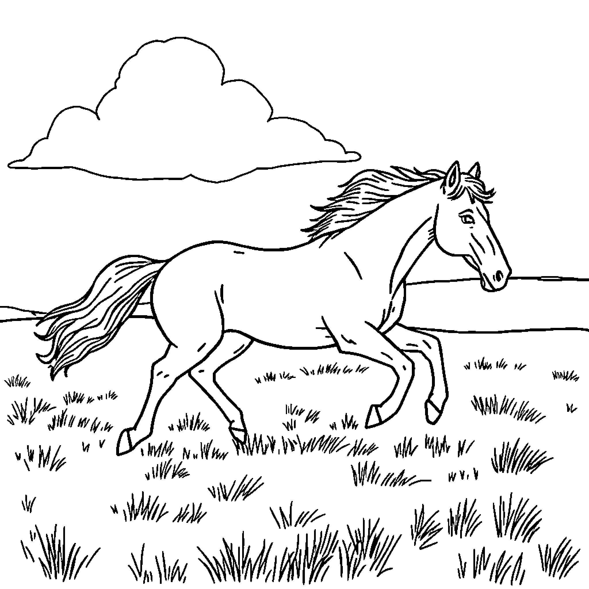 Horse galloping through a field Coloring Page (free black-and-white line drawing printable PDF for all, from beginners to advanced learners, including children, teens, adults, and seniors)